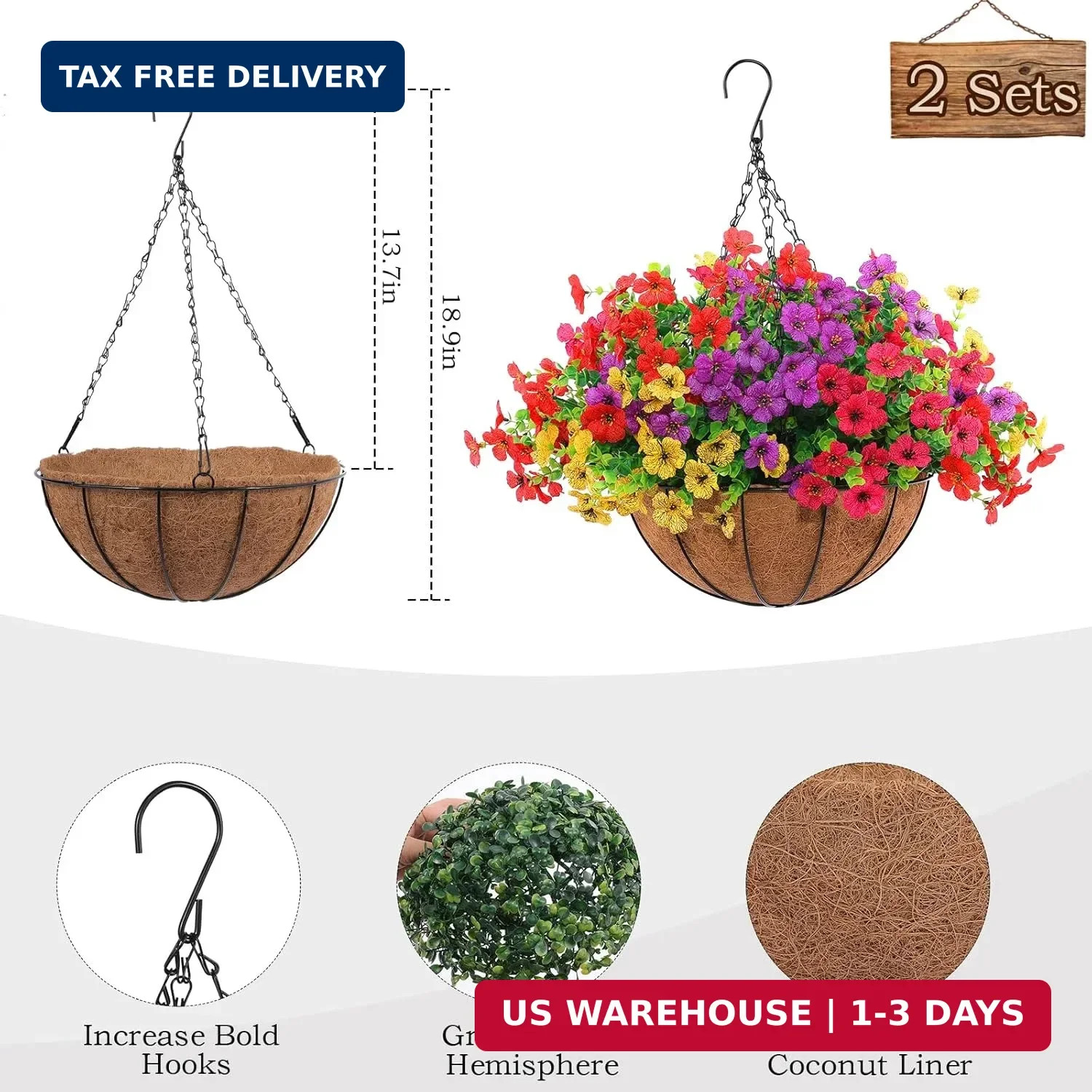 Hananona 2 Set Artificial Outdoor Flowers with Hanging Basket, 2 Hanging Planter