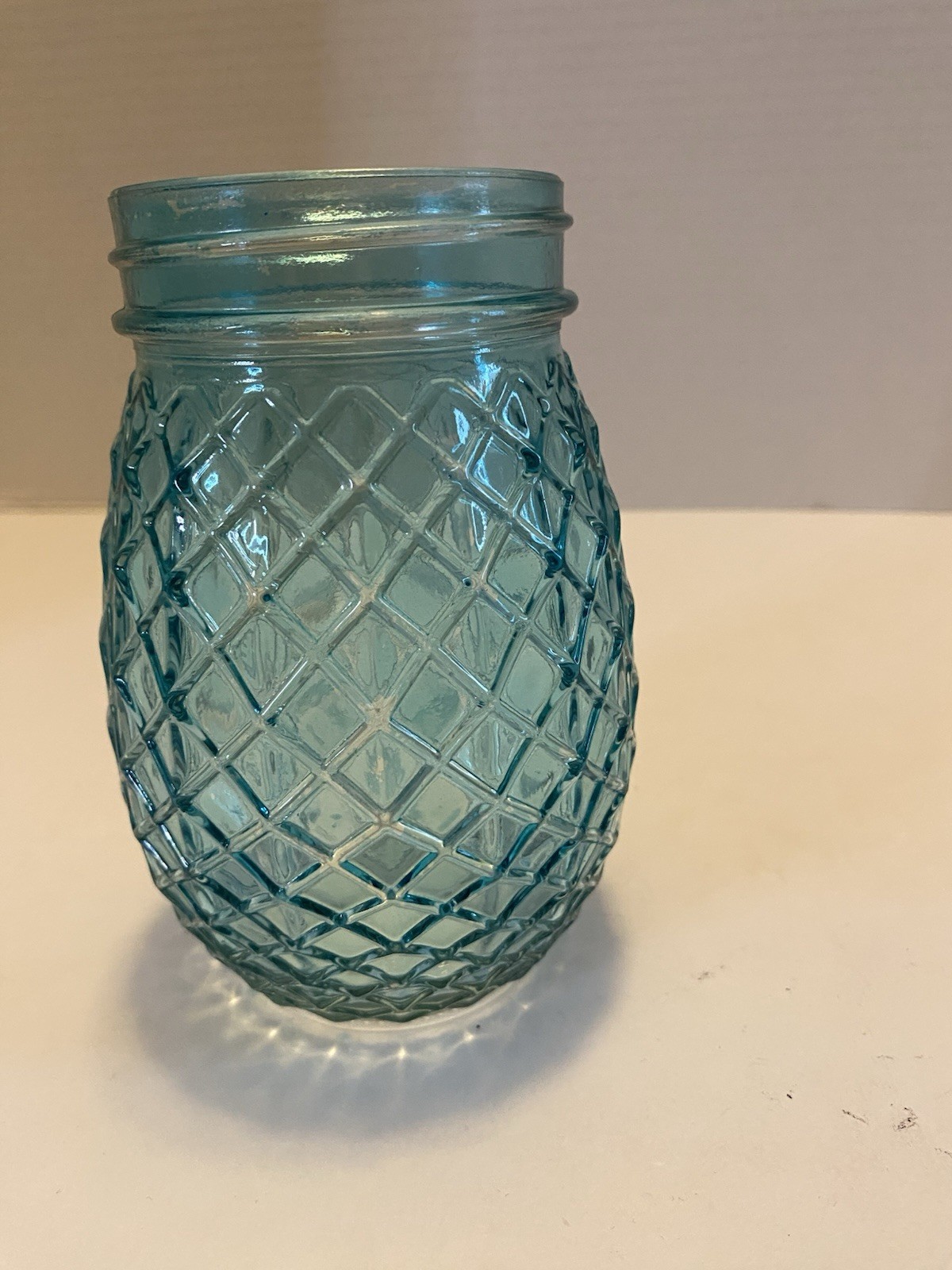 Vintage Style Blue Glass Flower Jar with Grid Like A Pineapple No Lid