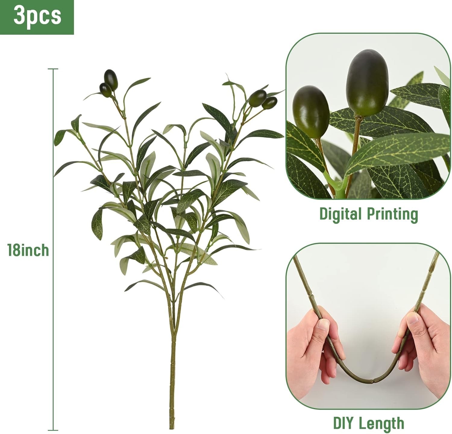 Elegantly Realistic Faux Olive Branches 18” for Home and Event Decor – 3Pcs
