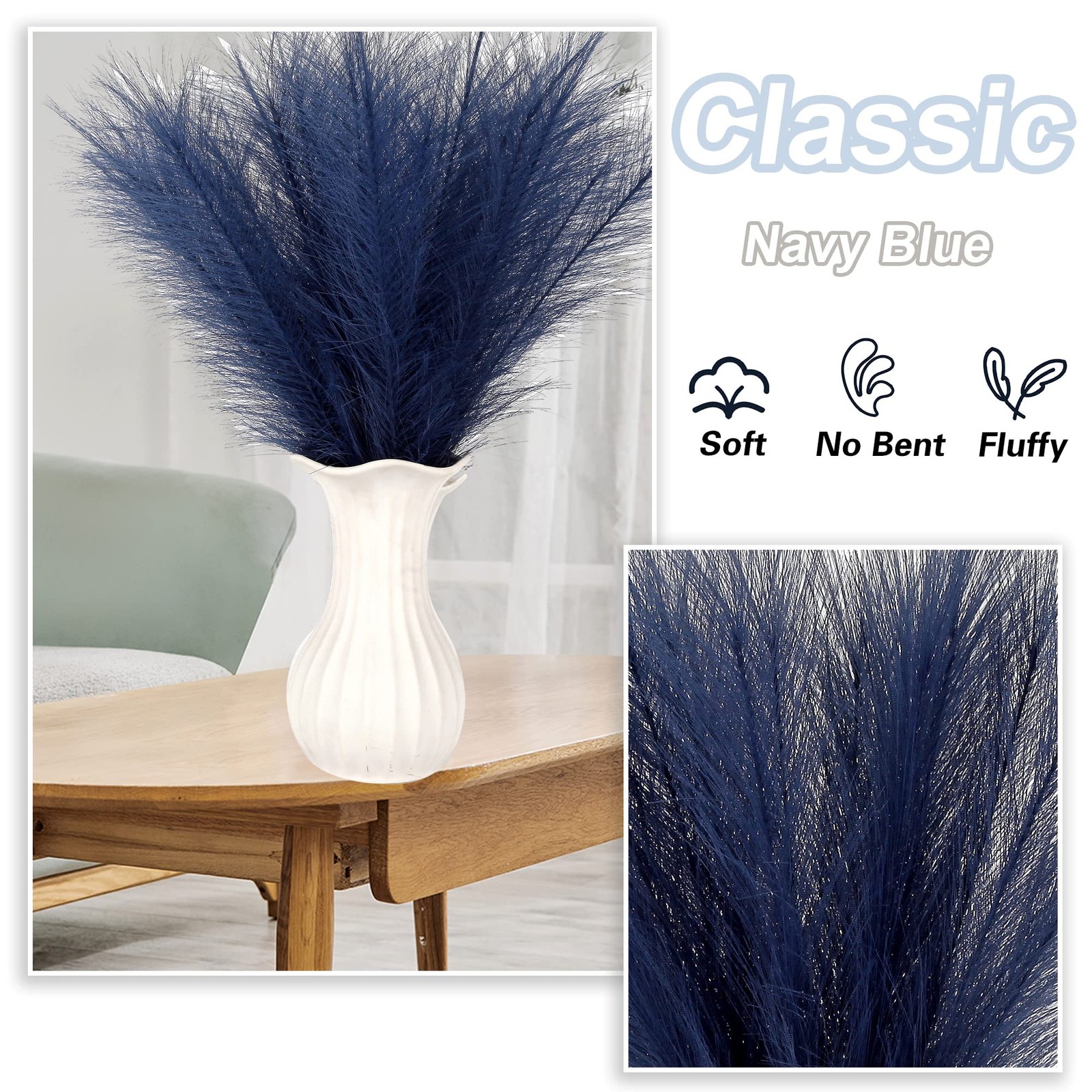 Navy Blue Pampas Grass Small, 30 Pcs 17″ Faux Pampas Grass Short Decor, Pompa…
