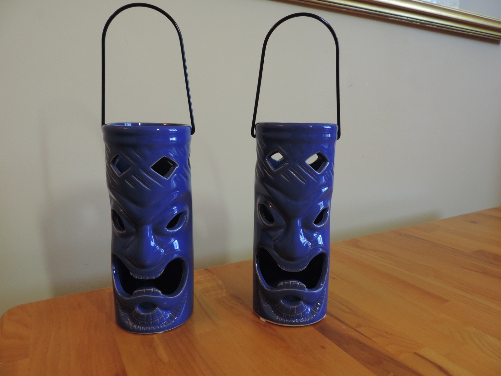 2 Tiki Totem Hawaiian Ceramic Planters 9″ Planters Vase Blue Green