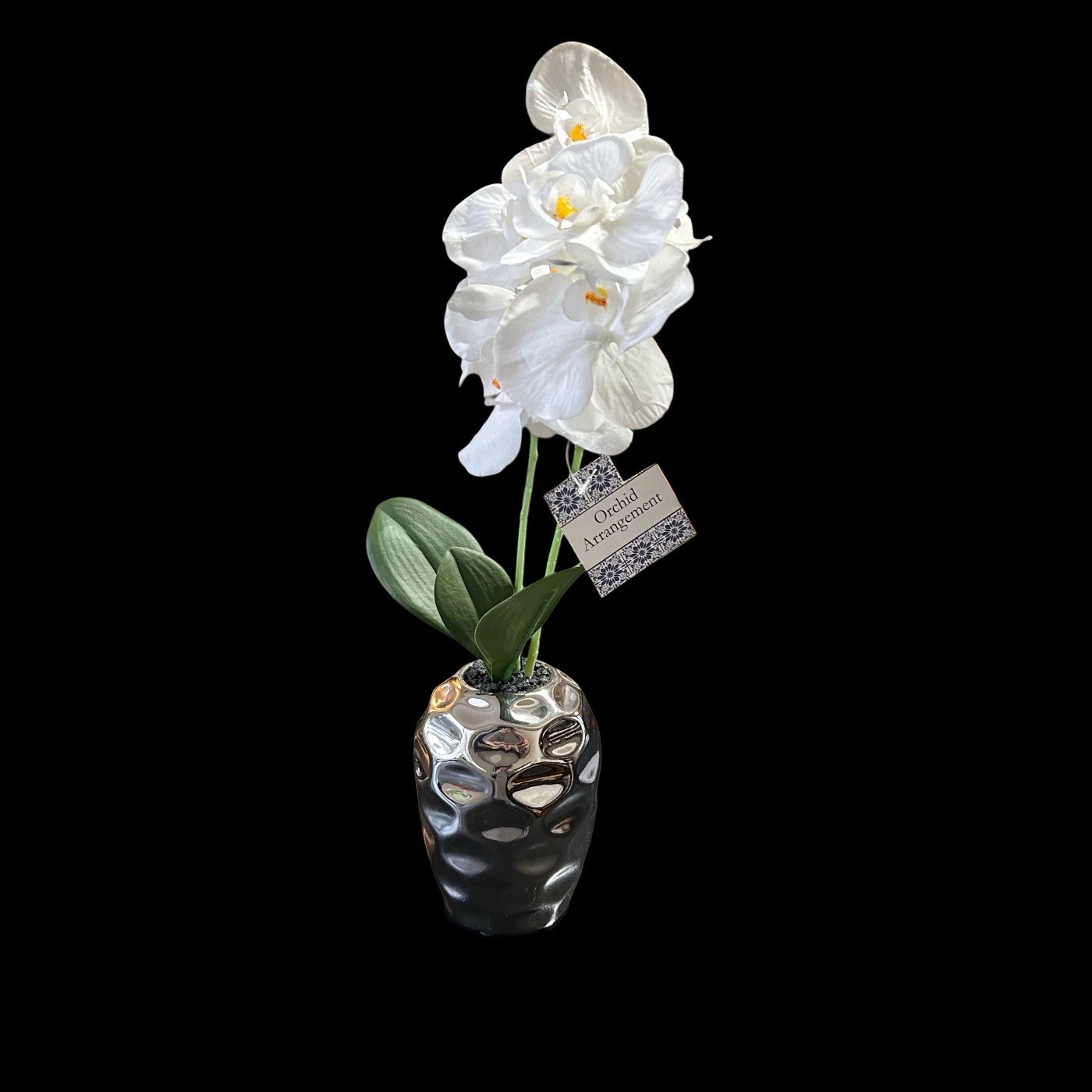 Orchid Floral Plant In Silver Metallic Vase 17” Table Art Modern Home Decor New