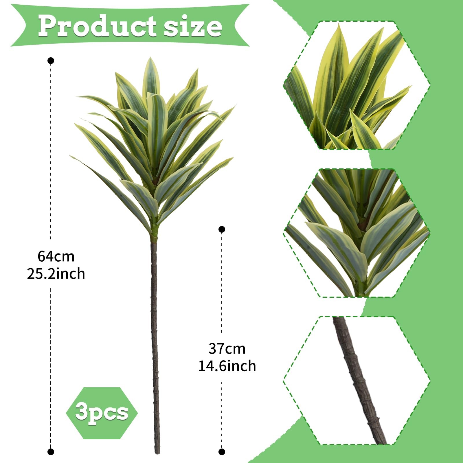 3PCS Dracaena Artificial Plant,25″ Realistic Fake Greenery Plants with Branch…