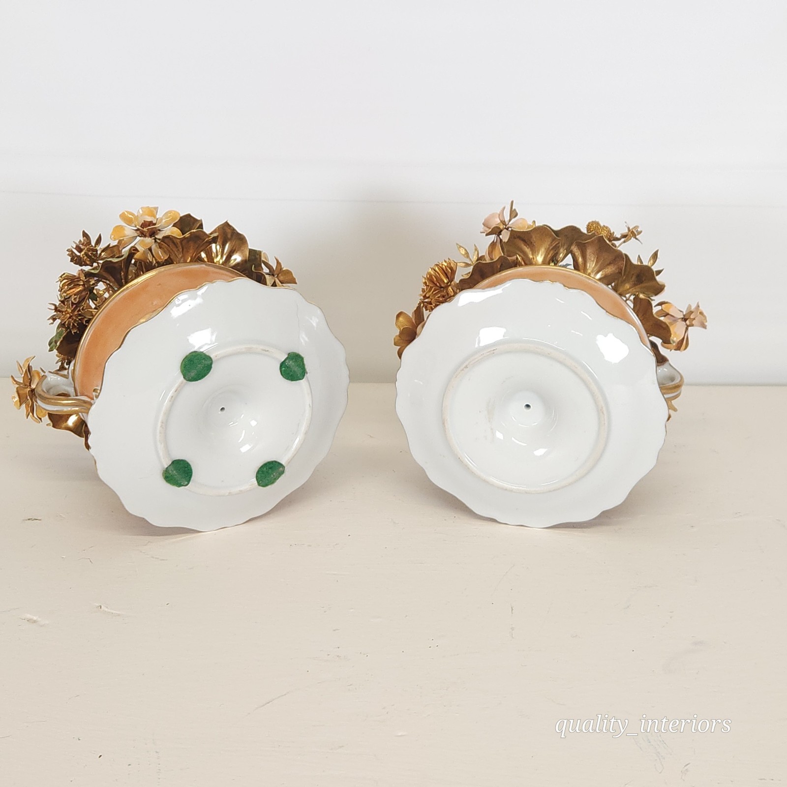 Pair Jane Hutcheson for Gorham Apricot Teacup & Saucer Floral Arrangement