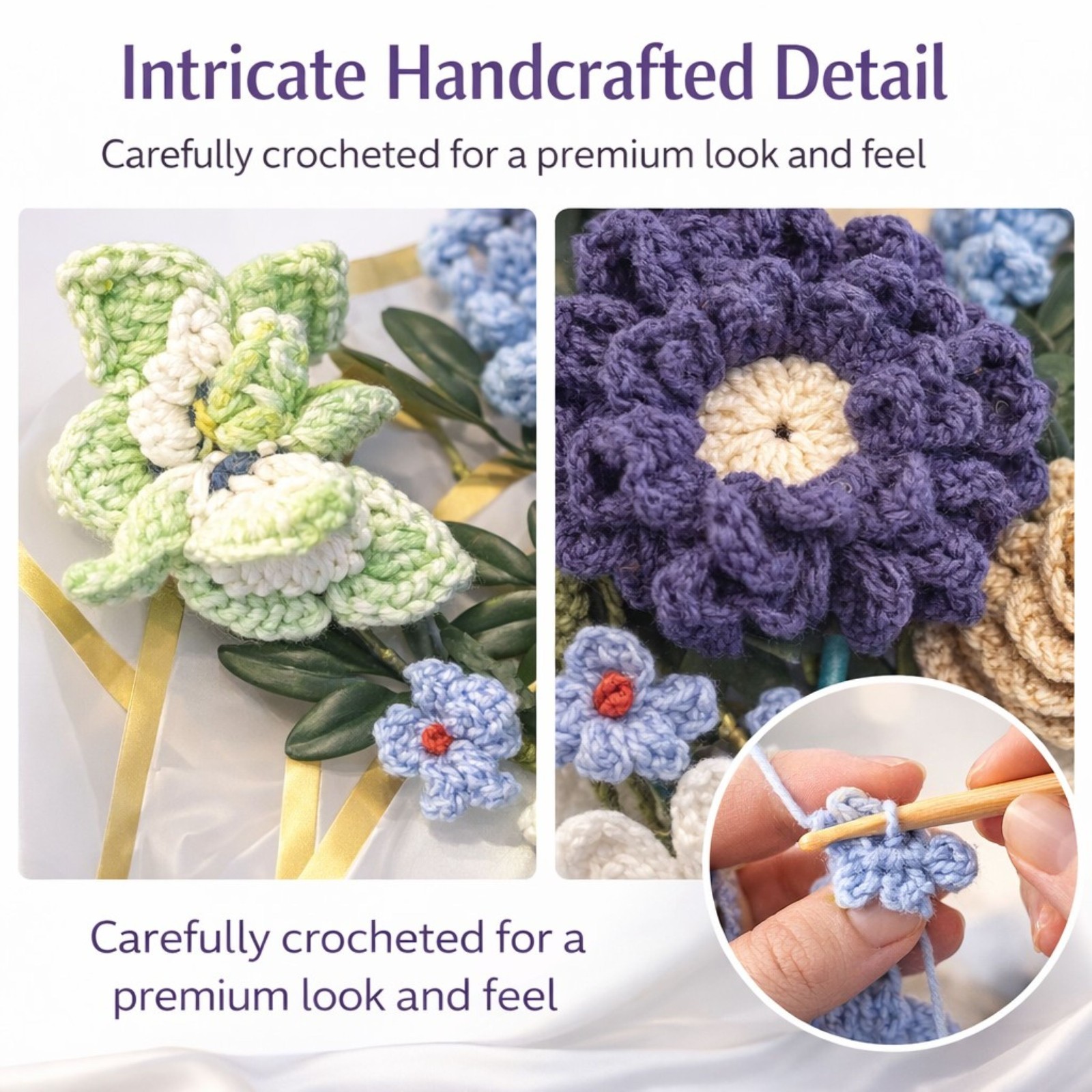 Hand Crocheted Flower Bouquete 16” x 14” Crochet Flowers Rose, Daisy Lavend