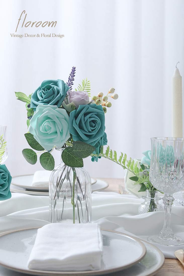 Floroom Artificial Flowers 25pcs Real Looking Teal Green Foam Fake Roses with…