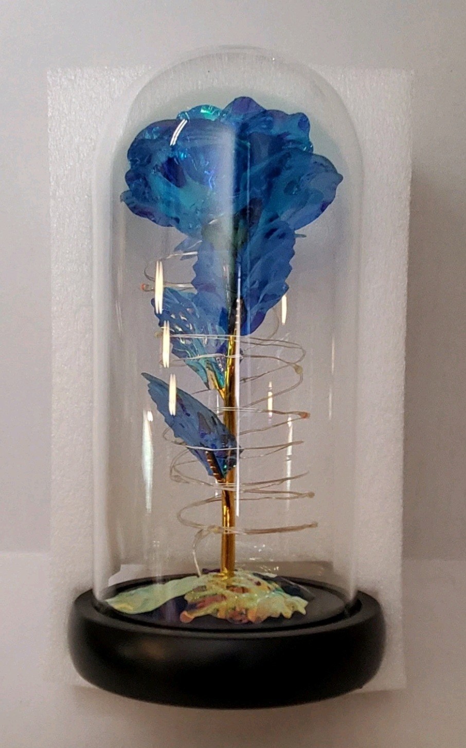 Blue Iridescent Forever Rose In Glass Dome with LED Light in original box.