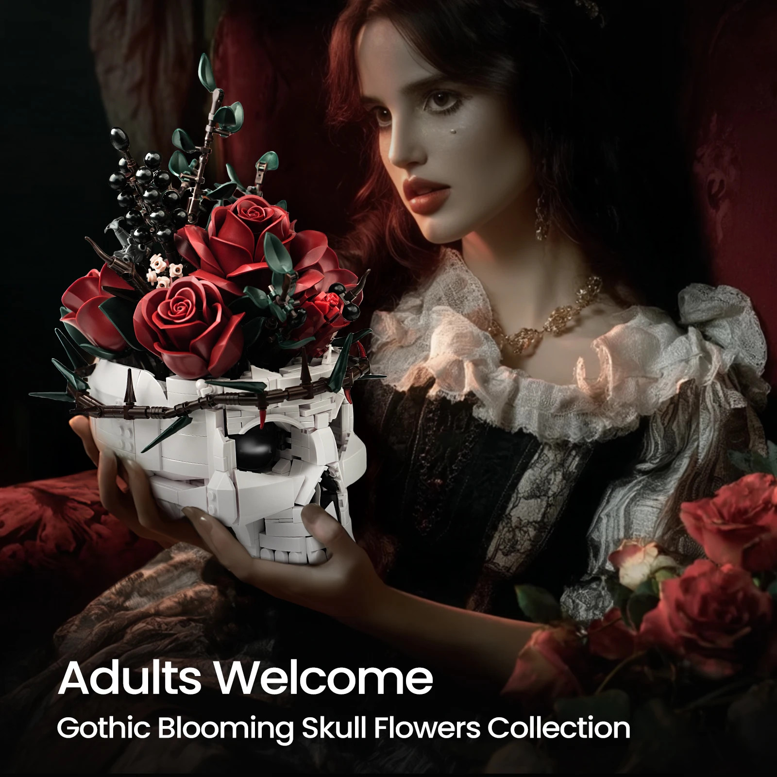 Skull Roses Bouquet Building Set Skeleton Flowers Plant Pot Blocks Horror Gothic