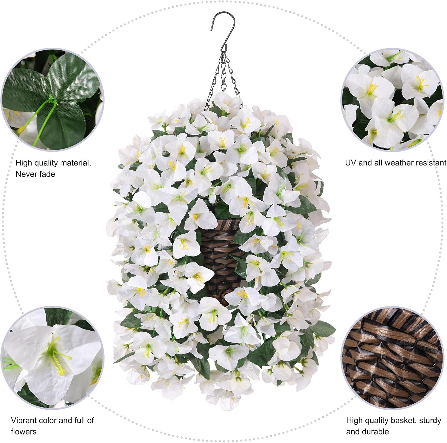 UV Resistant Bougainvillea Hanging Fake Flowers for Outdoor Decor – White