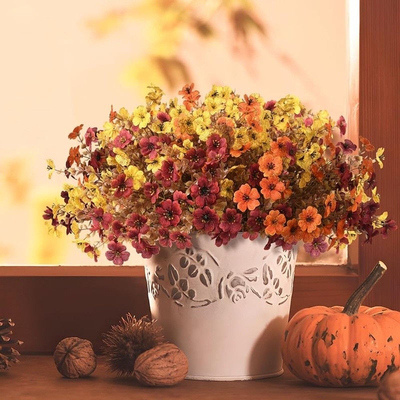 Artificial Hanging Flowers Basket Faux Silk Mums Eucalyptus Fall Decor New