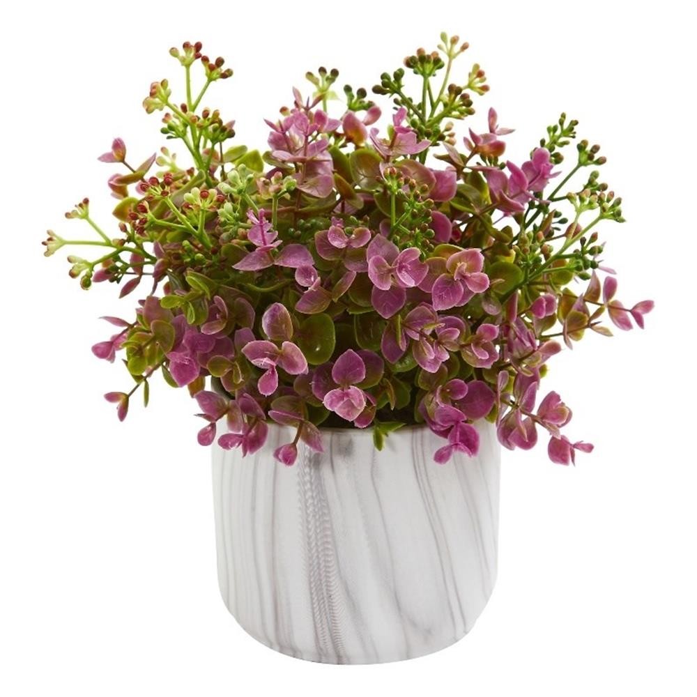 Nearly Natural Eucalyptus Artificial Plant in Marble Finished Vase in Purple