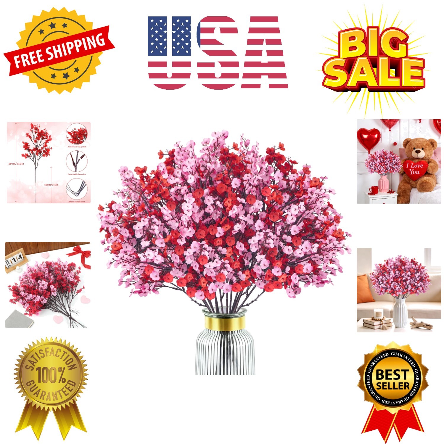 6 Pcs Valentine’s Day Artificial Baby’s Breath Flowers, Red Pink Faux Gypsoph…