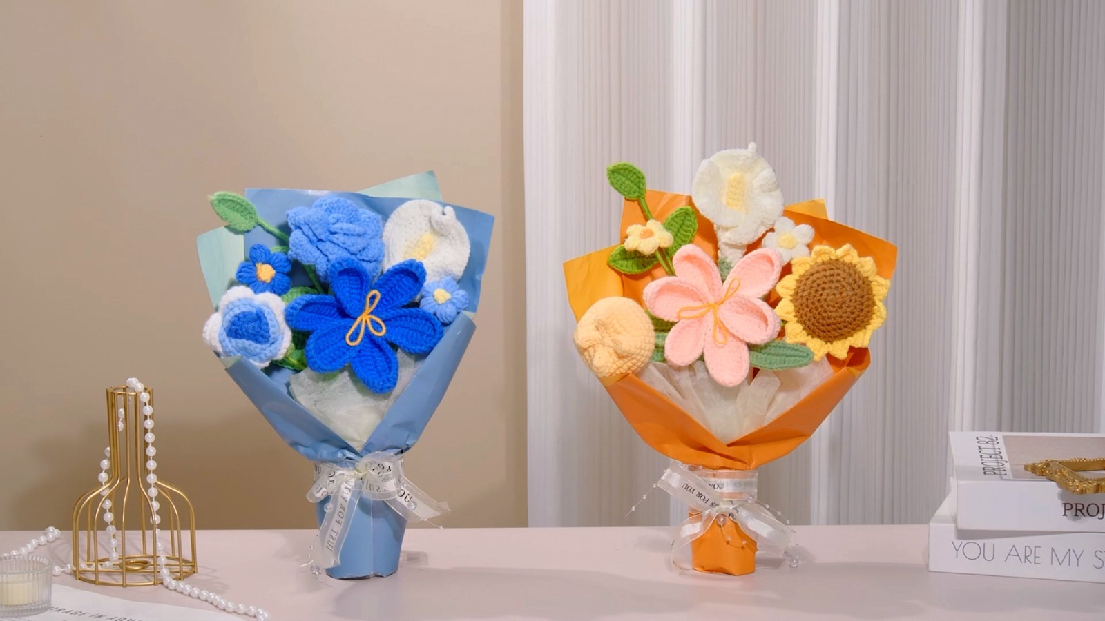 Handmade Crochet Flower Bouquet – Blue Floral Gift Set with Box, Bag & Card