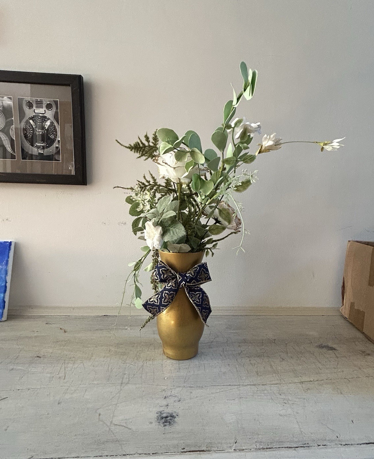 Gold Metallic Vase And White And Sage Green Floral With Navy And Gold Glitter