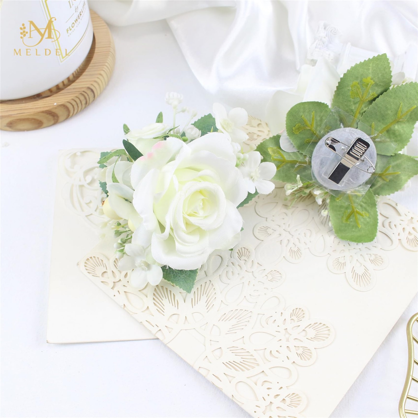 6 Pcs Mens Pocket Boutonniere, Artificial White Rose, Groom, Groomsman