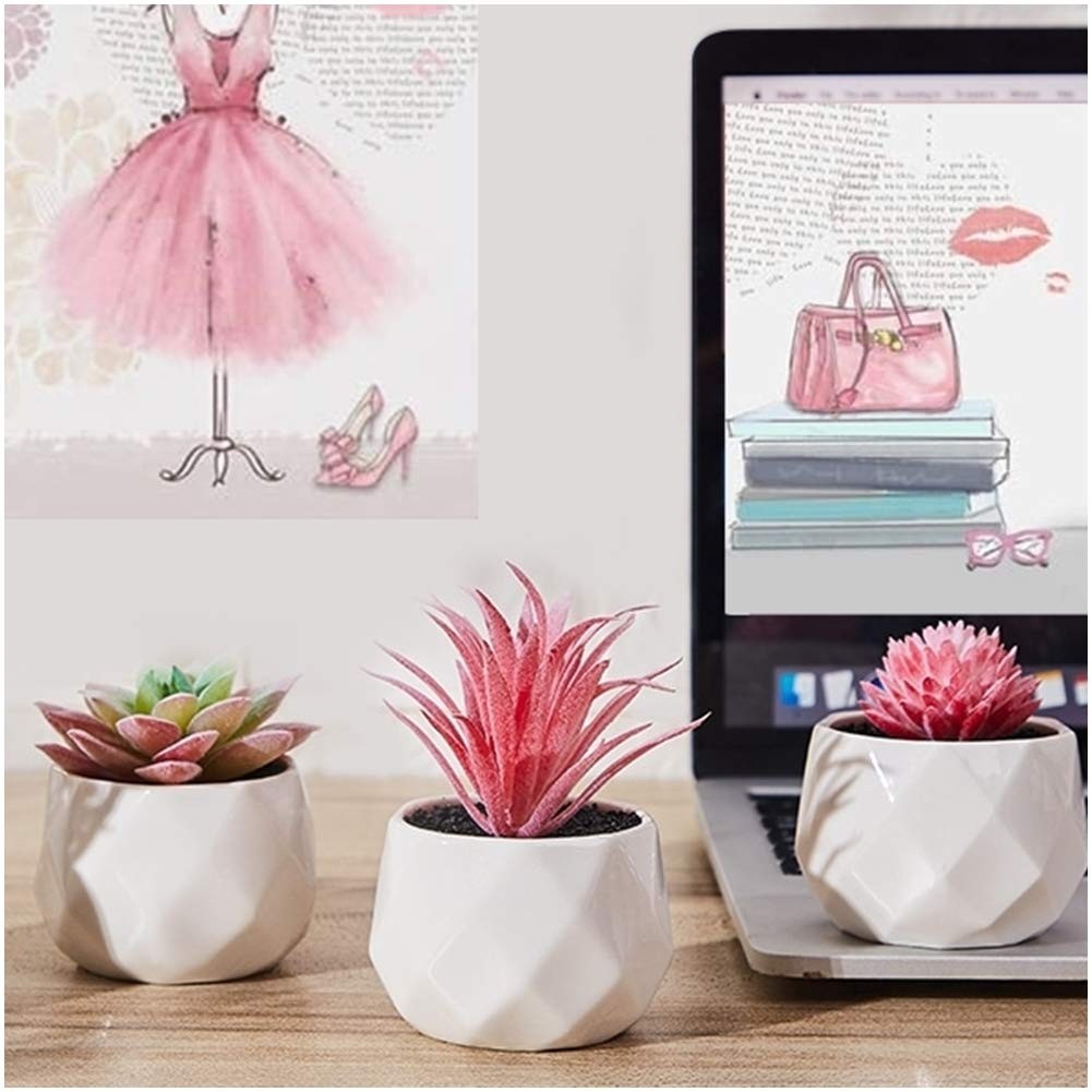 Fake Succulent Plant Set Artificial Desk Plants in Mini Pink Ceramic Pots