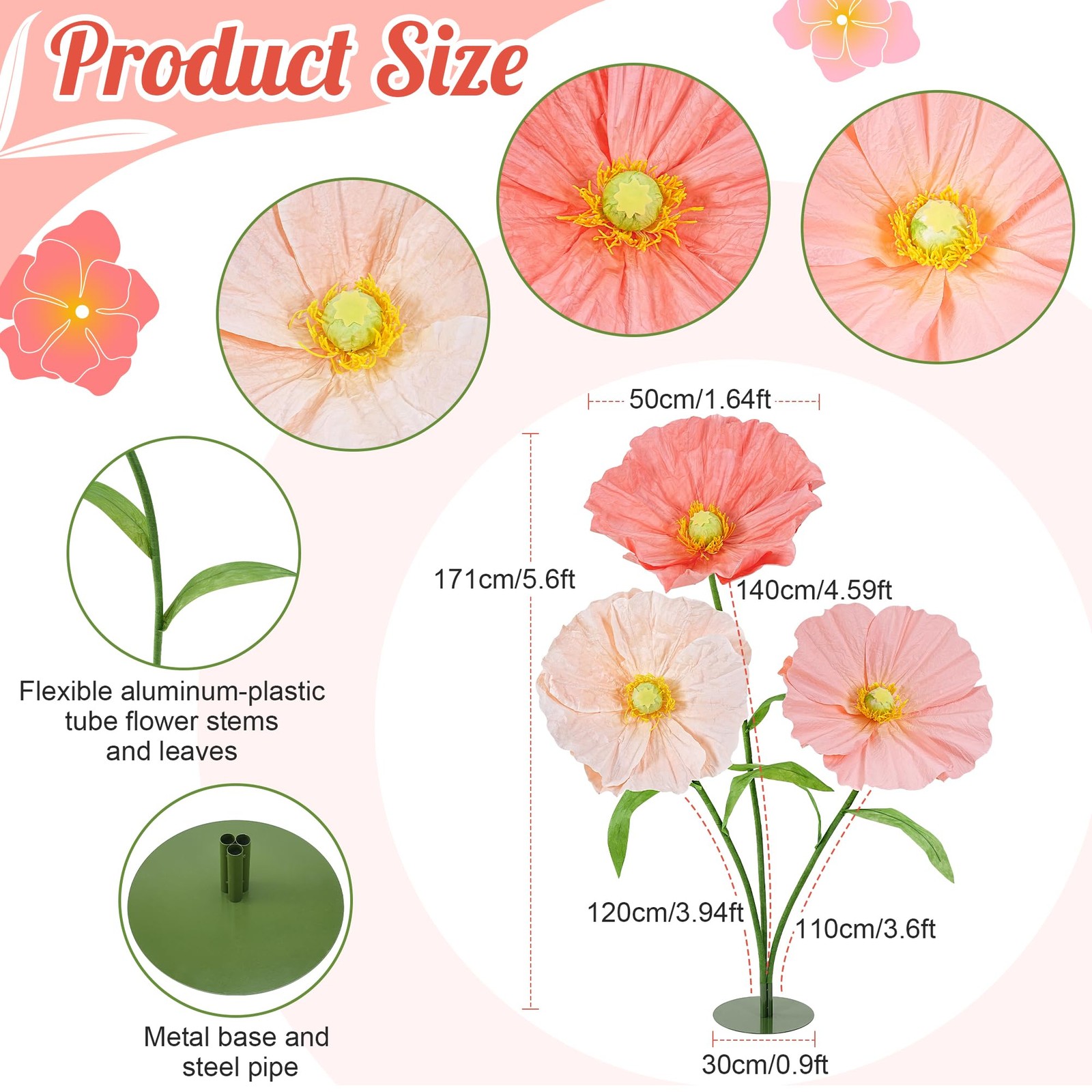 Large Fake Flowers Decor -5.6 Ft Giant Artificial Flowers Big Floral with Sta…