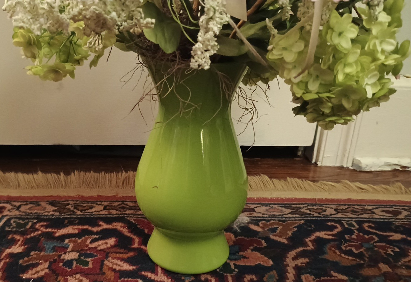Pink Lily Delphinium Hydrangea Faux Silk Flower Arrangement Floral Green Vase