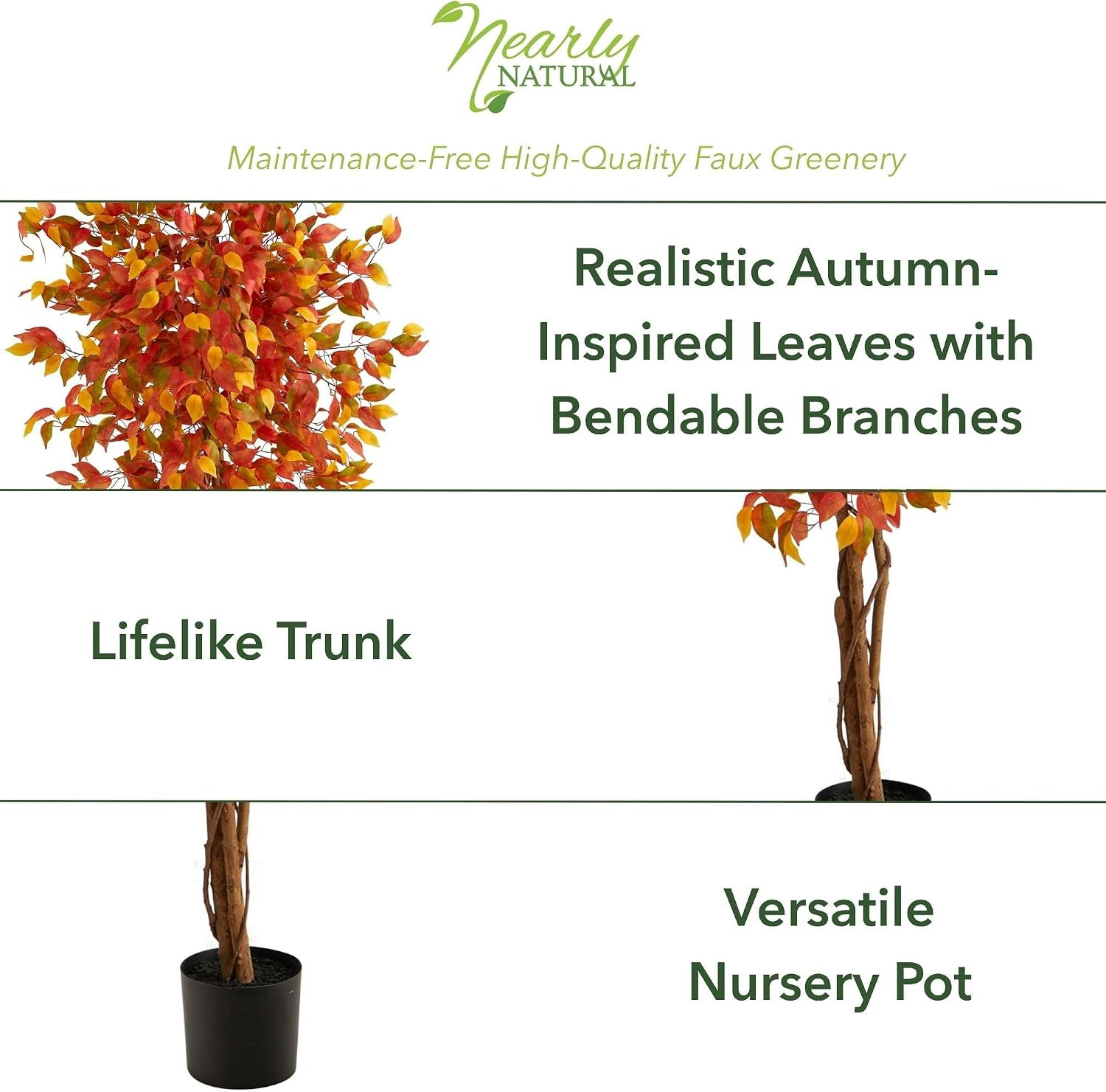6 Ft Artificial Autumn Ficus Fall Tree with Nursery Pot | Natural Wooden Trunk,