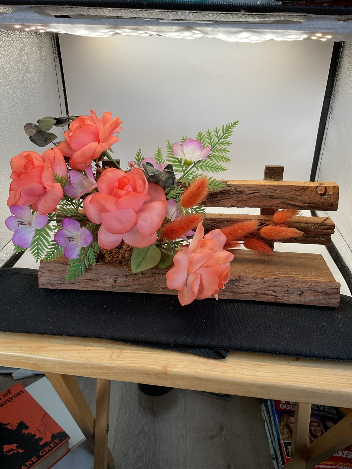 Floral Arrangement – Artificial Flowers Wooden Bench – 12”x 3.5”x 4.75”