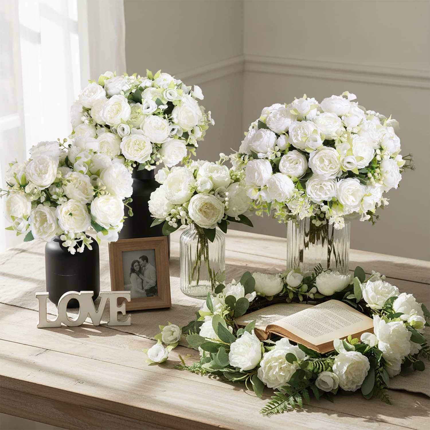 12 Bundles Peonies Artificial White Flowers Bouquet, Lifelike Silk Fake Peoni…