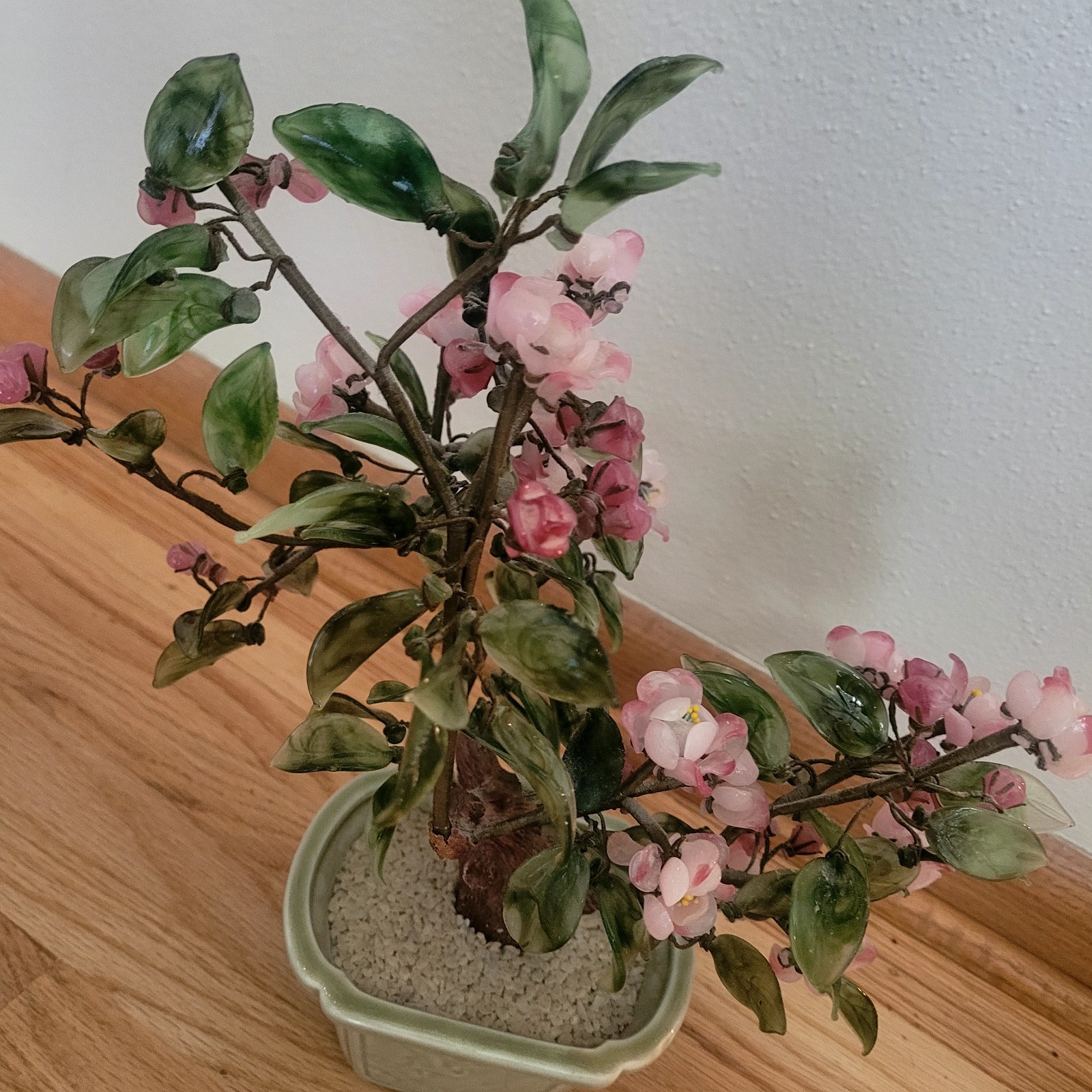 Vintage Chinese Glass Stone Jade Cherry Blossom Bonsai Tree Pink Flowers 14″