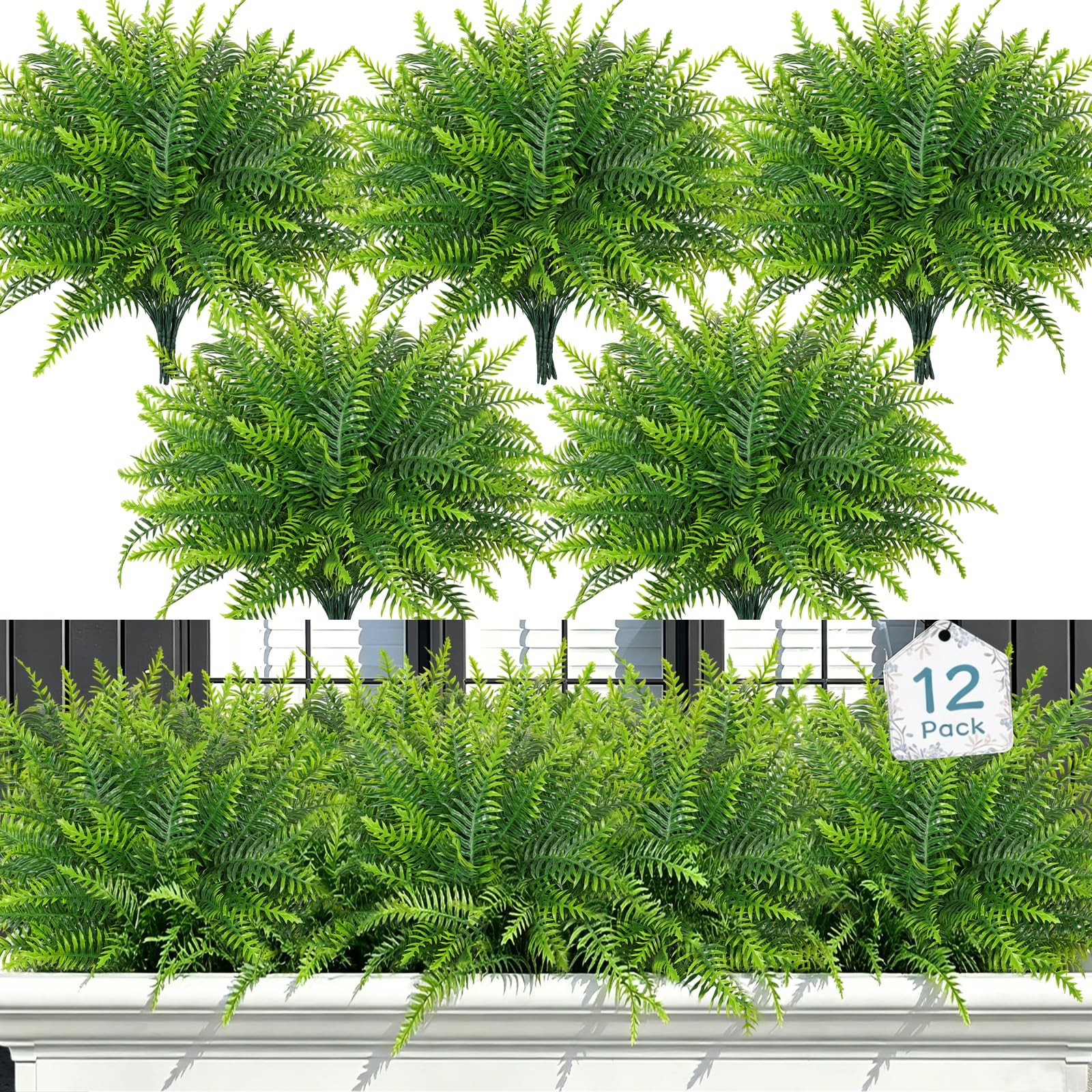 12 Bundles Artificial Plants Outdoor Faux Boston Fern 17.7 Inch Long Length A…