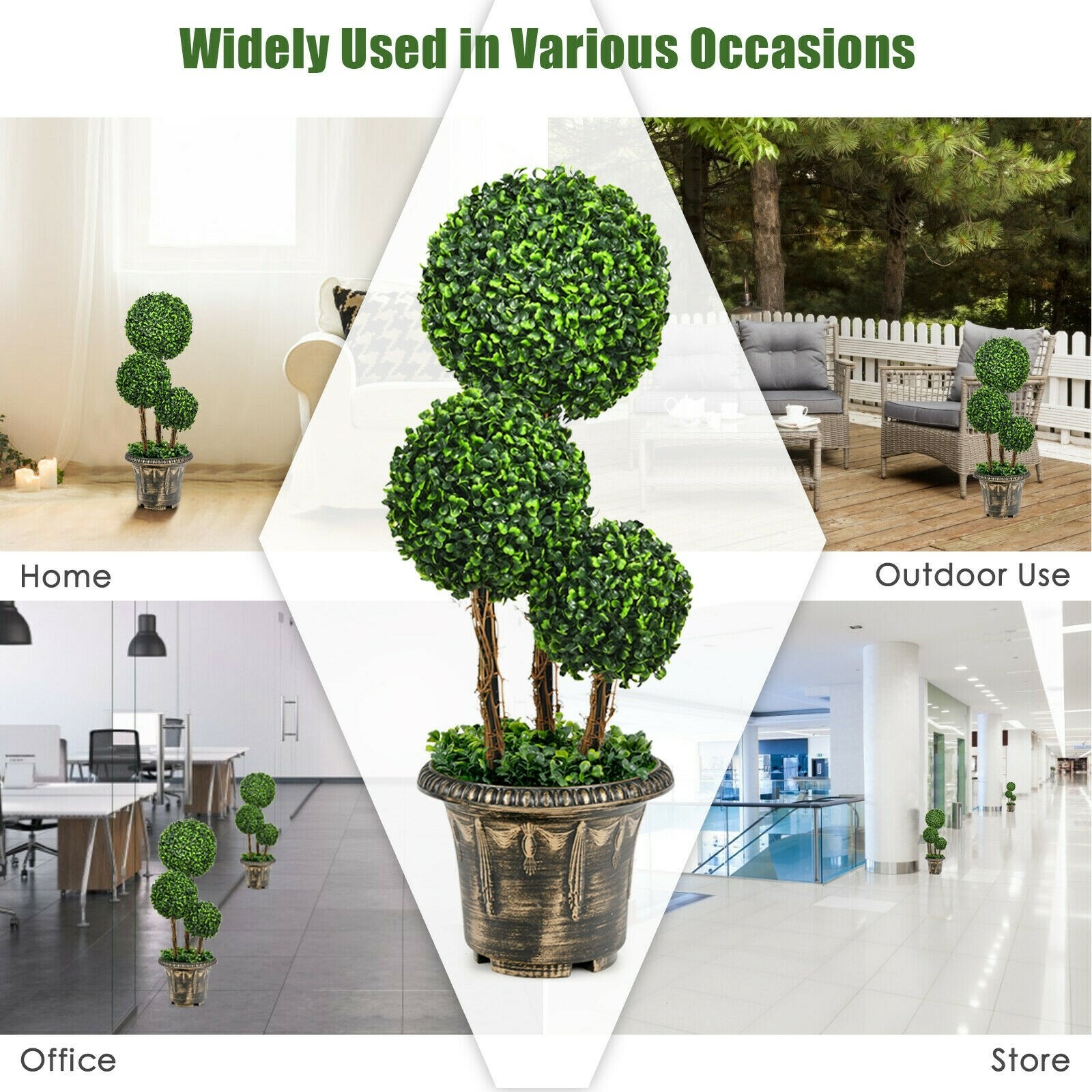 Costway 30″ Artificial Topiary Triple Ball Tree In/Outdoor UV Resistant Office