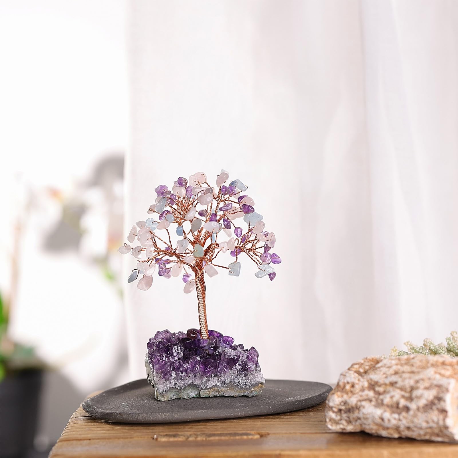Crystal Copper Tree, Amethyst Base, Rose Quartz, Aquamarine, Fengshui, Decor
