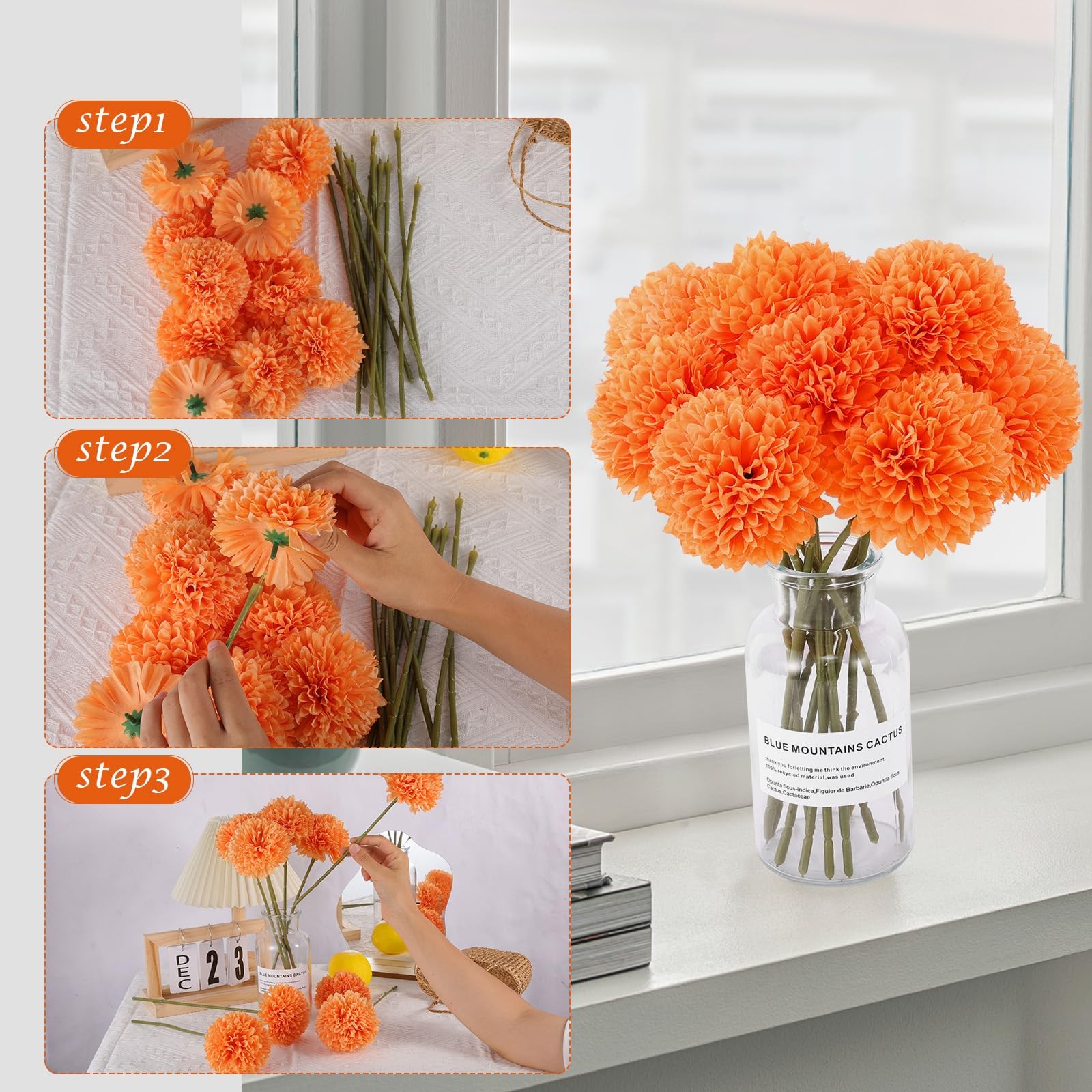12 PCS Orange Artificial Chrysanthemums Fall Flowers Silk Marigolds Mums