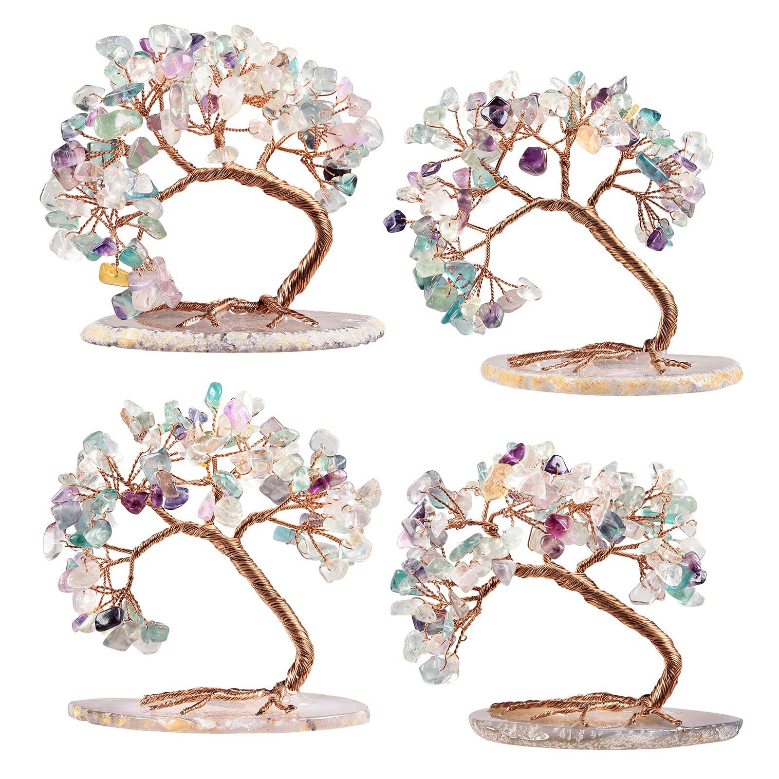 3-4″ Copper Wire Healing Crystal Money Tree for Good Luck Agate Slice Base Bo…