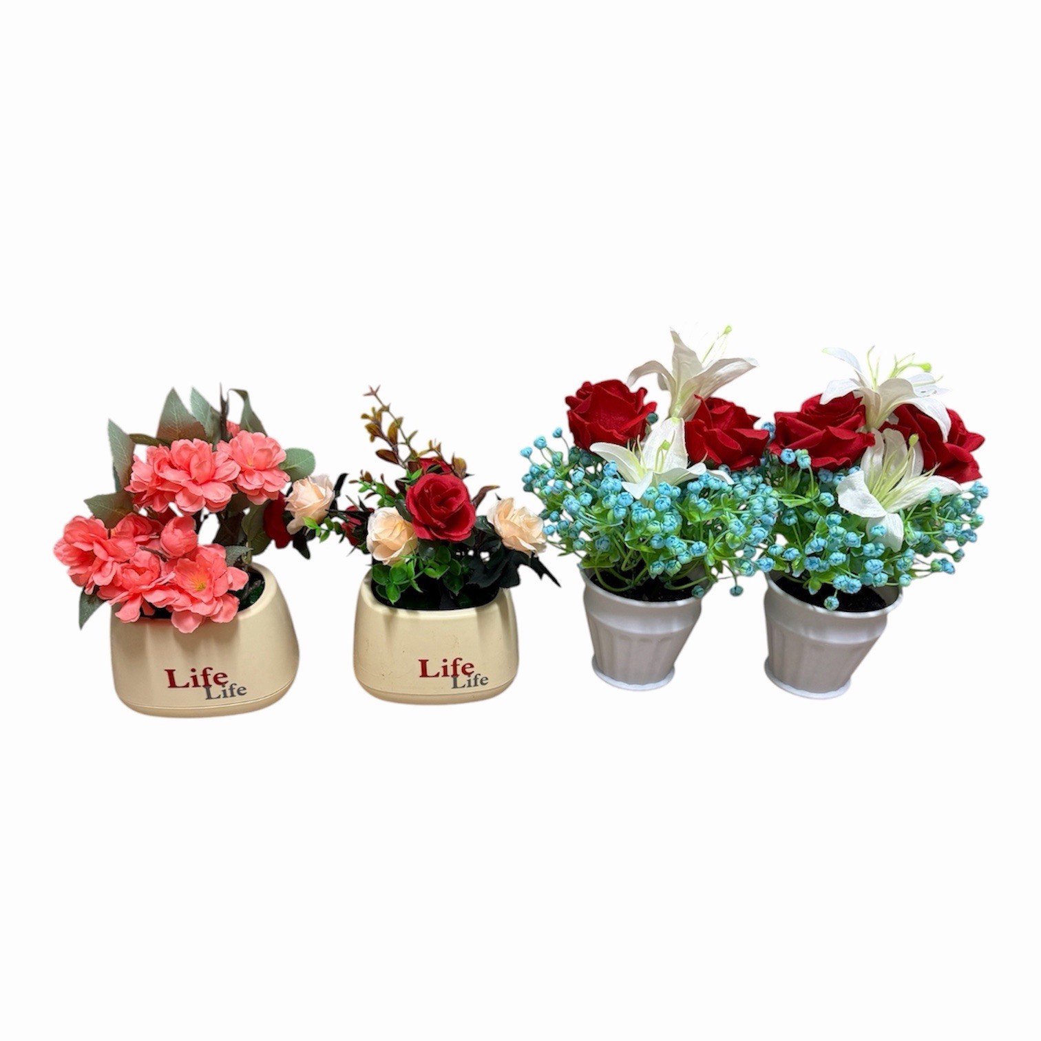 Set of 4 Artificial Flower Arrangements in Pots Roses Lilies Home Decor