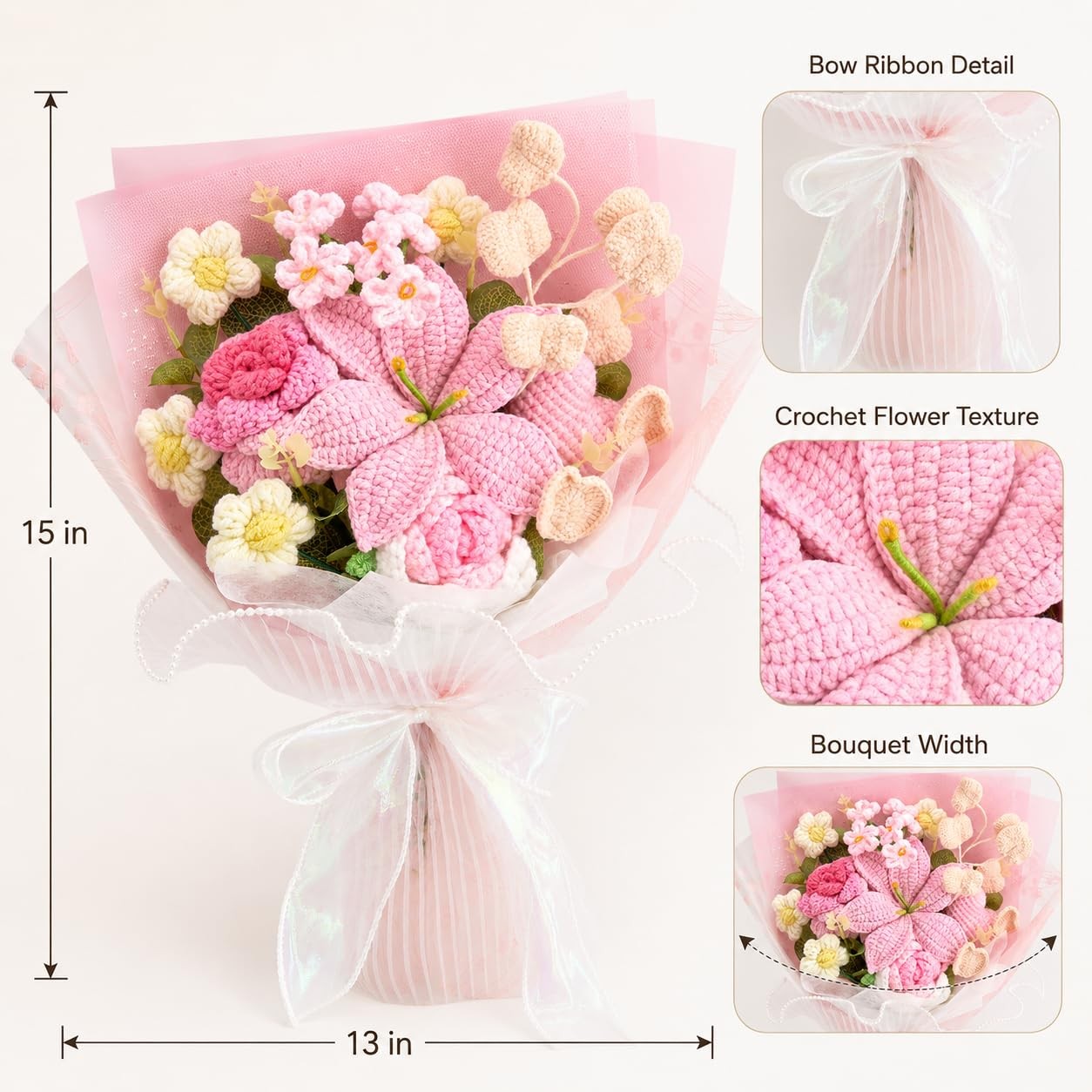 Crochet Flowers,12 Pcs Crochet Flower Bouquet, Pink Handmade Knitted Flowers,…