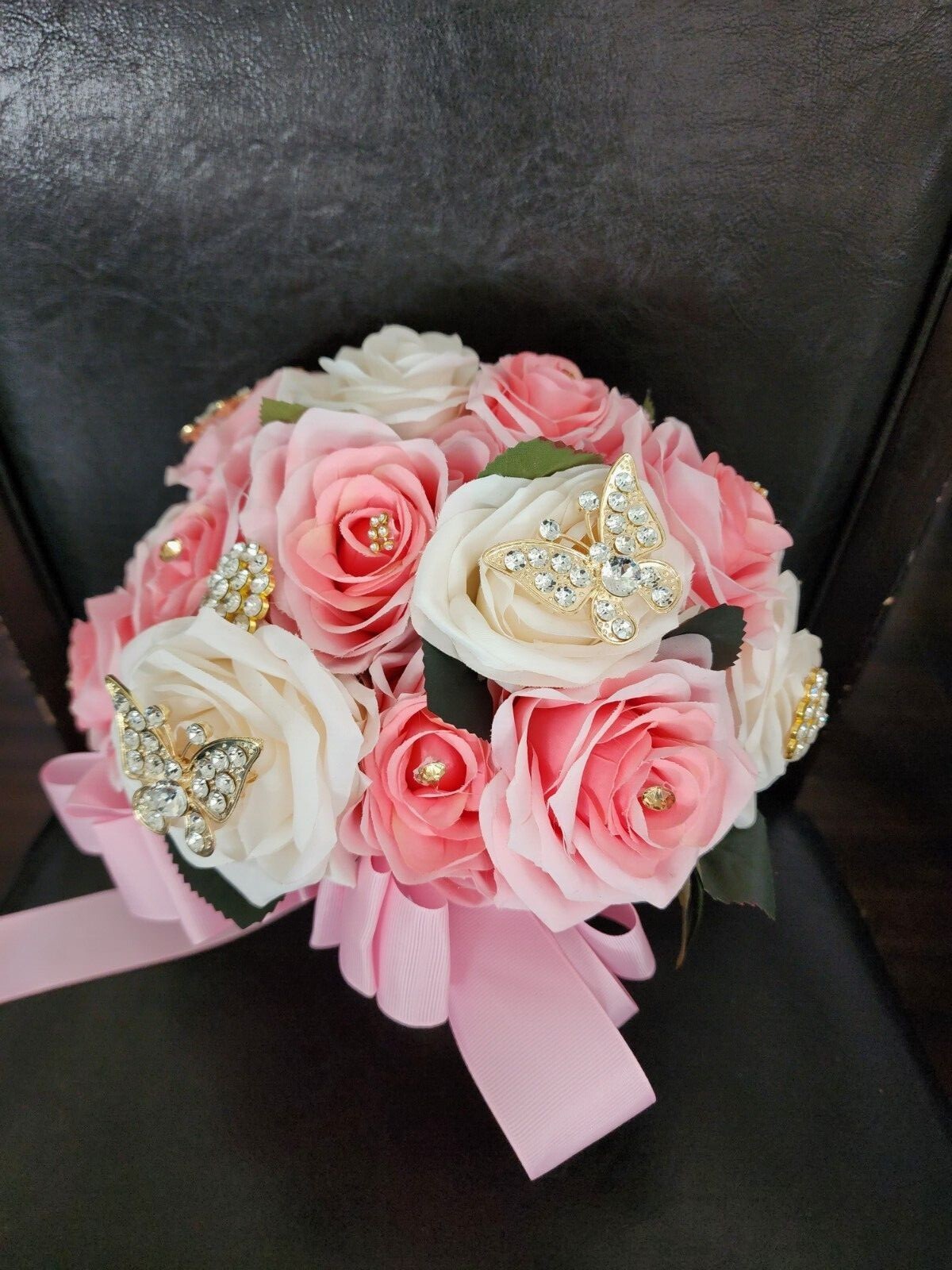 Pink & Ivory Luxury Bouquet with butterfly pendants for Quinceneras & Weddings