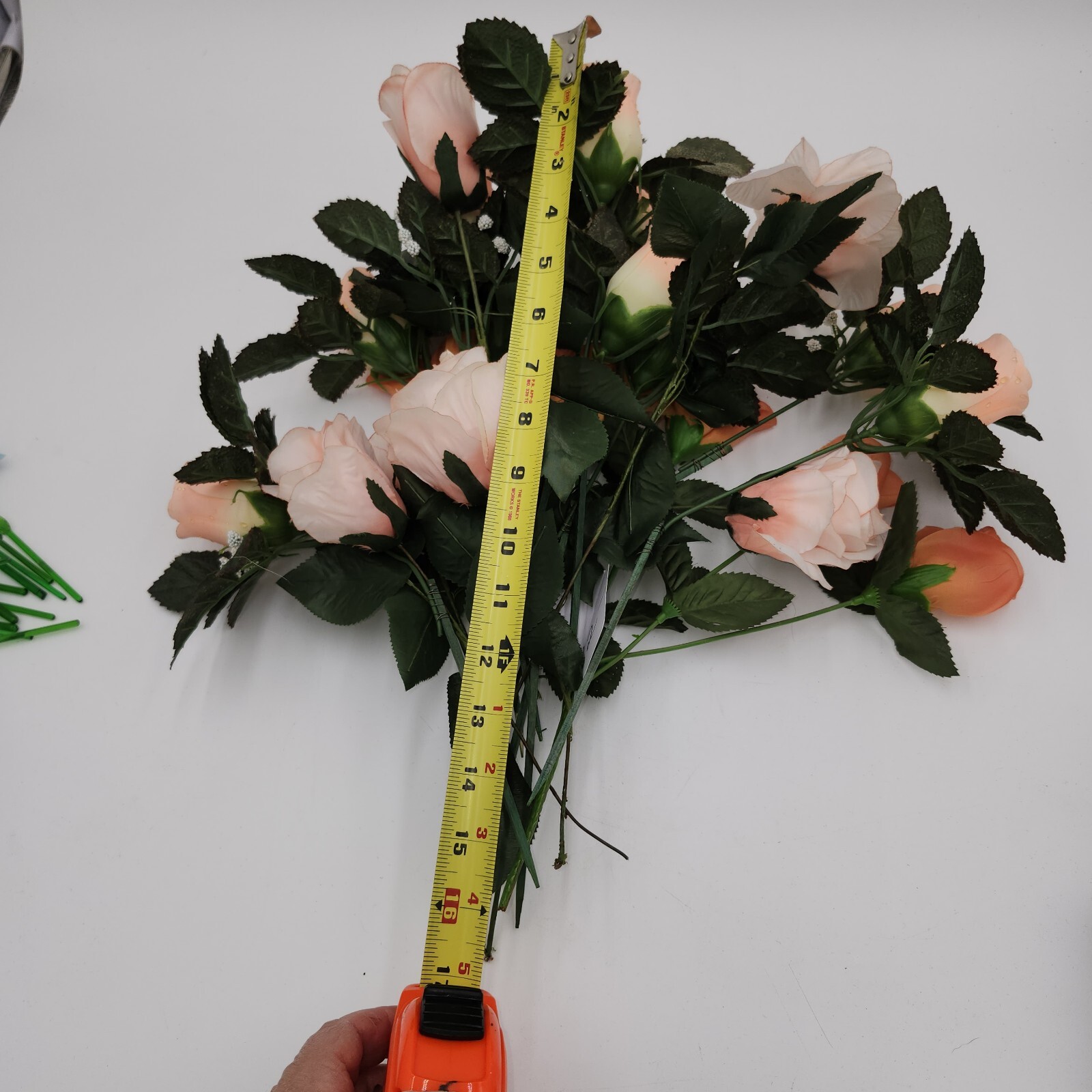 vintage faux fake artificial flowers peach roses w/raindrops 16″