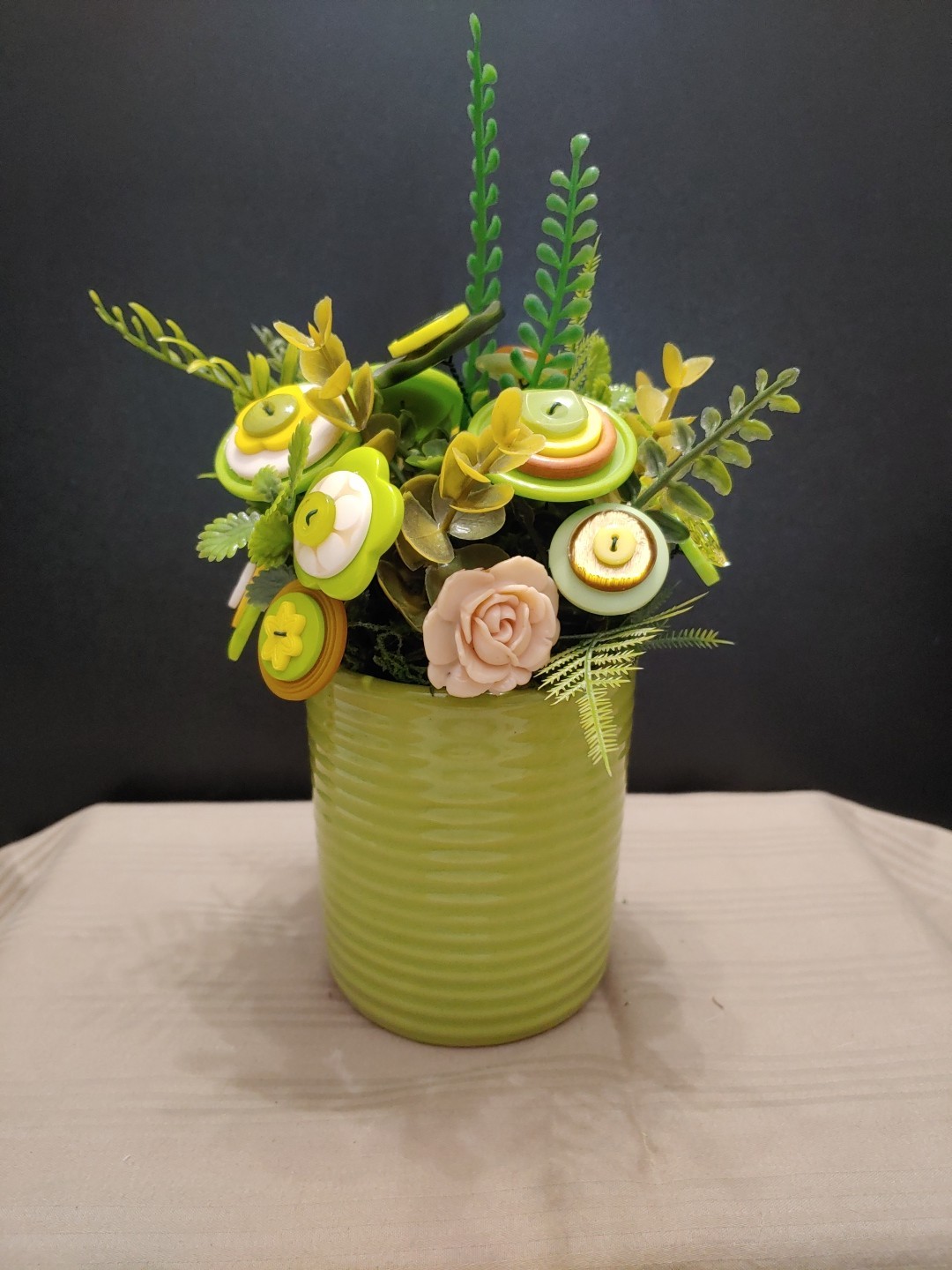 Green Yellow Button Flower Bouquet In Lime Green Coffee Mug Vintage