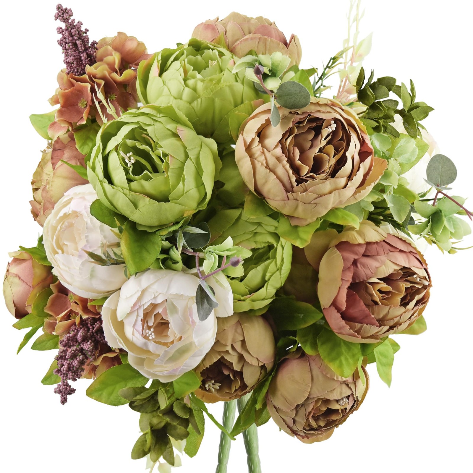 Rustic Brown, Beige & Green Artificial Peony Bouquets, 2 Silk Flower Bundles …