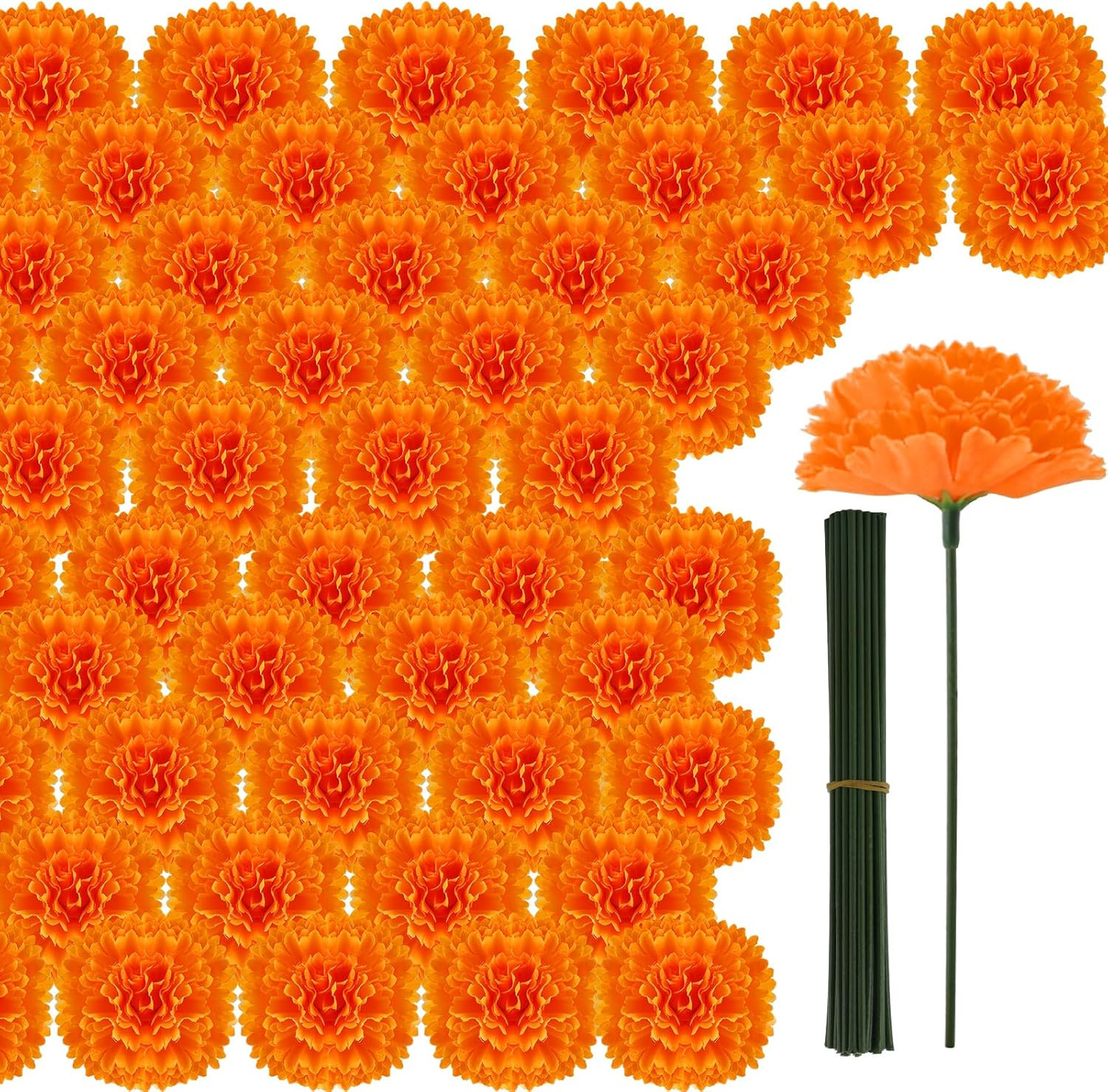 100 Pcs Marigold Flower Heads Bulk, Silk Marigold Heads Artificial Flowers for D
