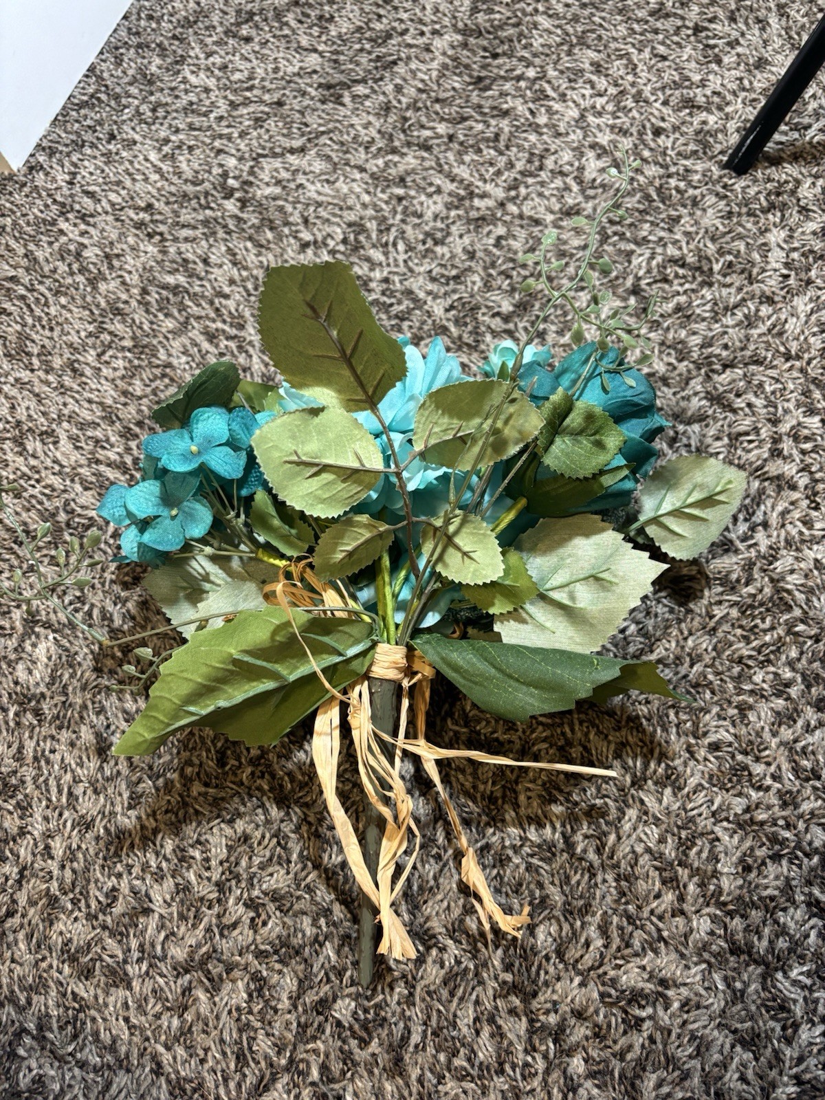 Teal Blue Artificial Flower Bouquet – Mixed Faux Blooms & Greenery, Rustic Wrap