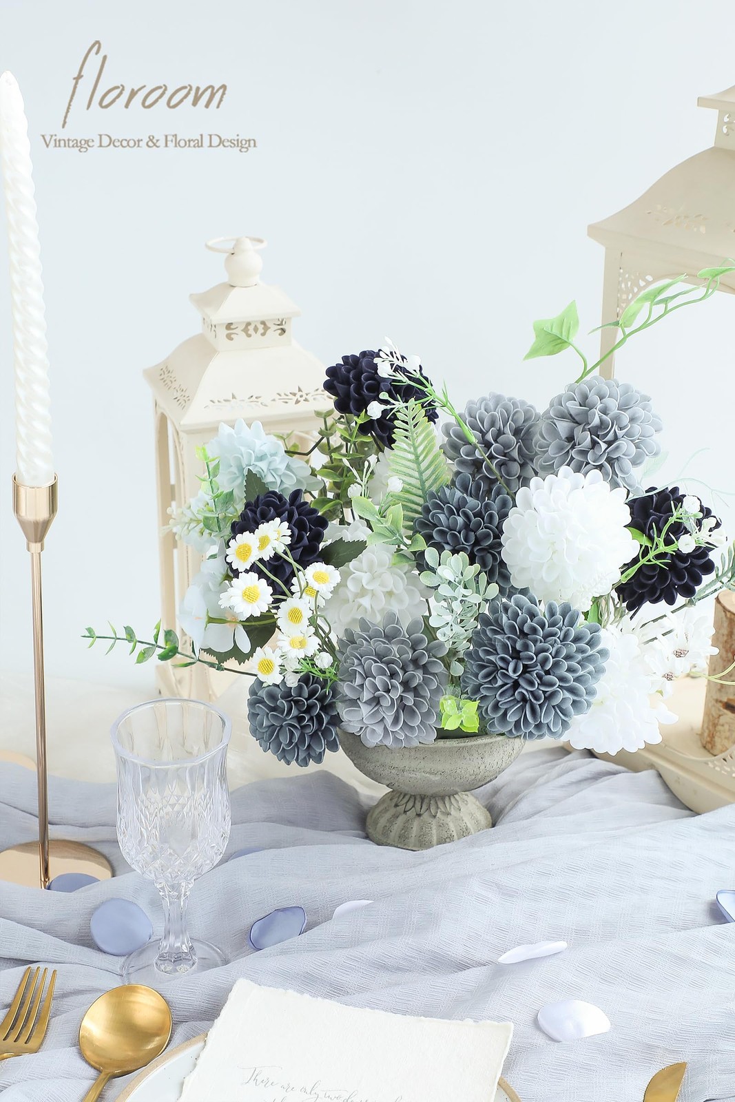 Artificial Dahlia Flowers 25pcs Real Looking Blue Shades Foam Fake Roses with…