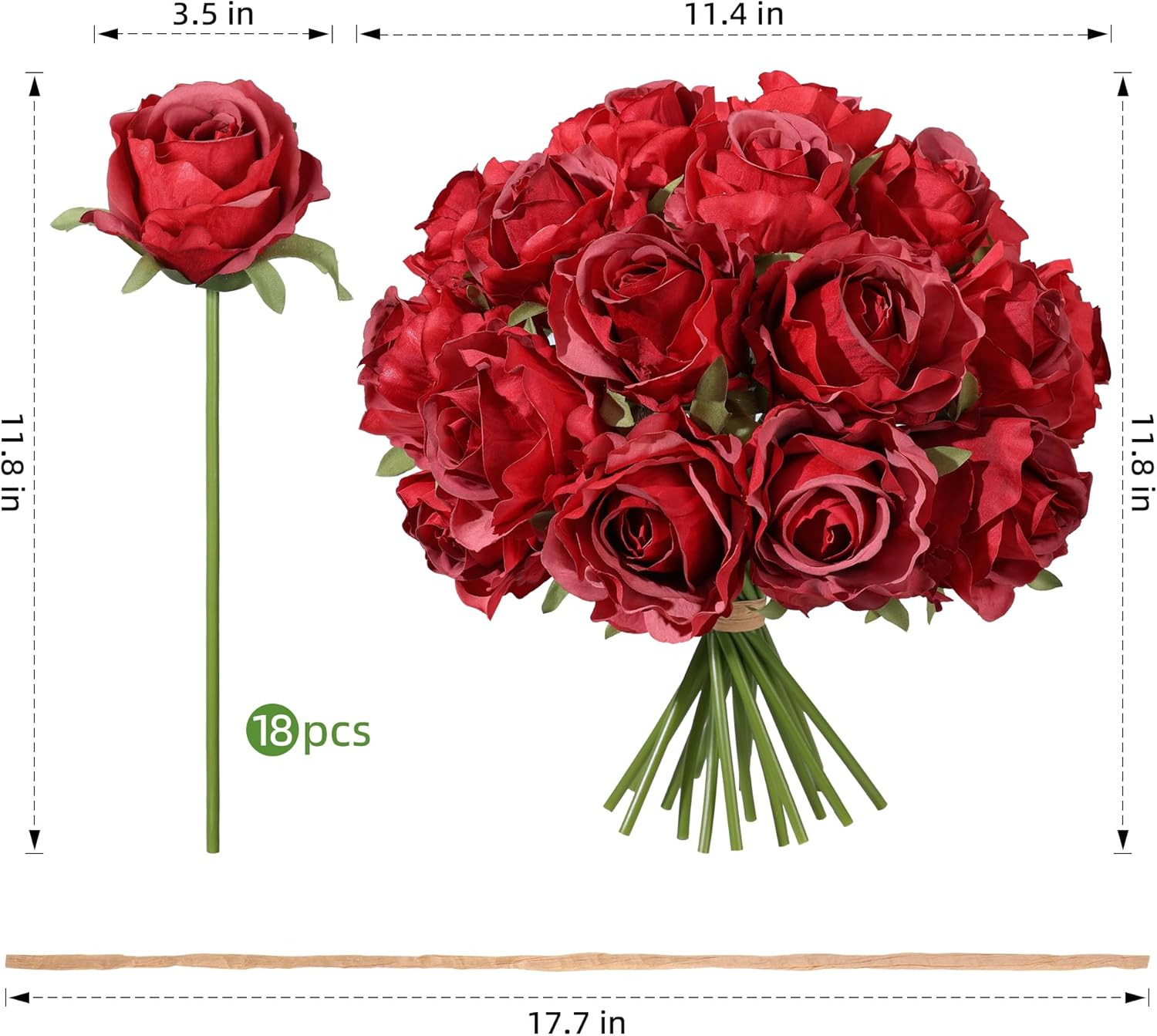 18-Piece Realistic Red Silk Roses Bouquet for Home, Weddings, and Gifts