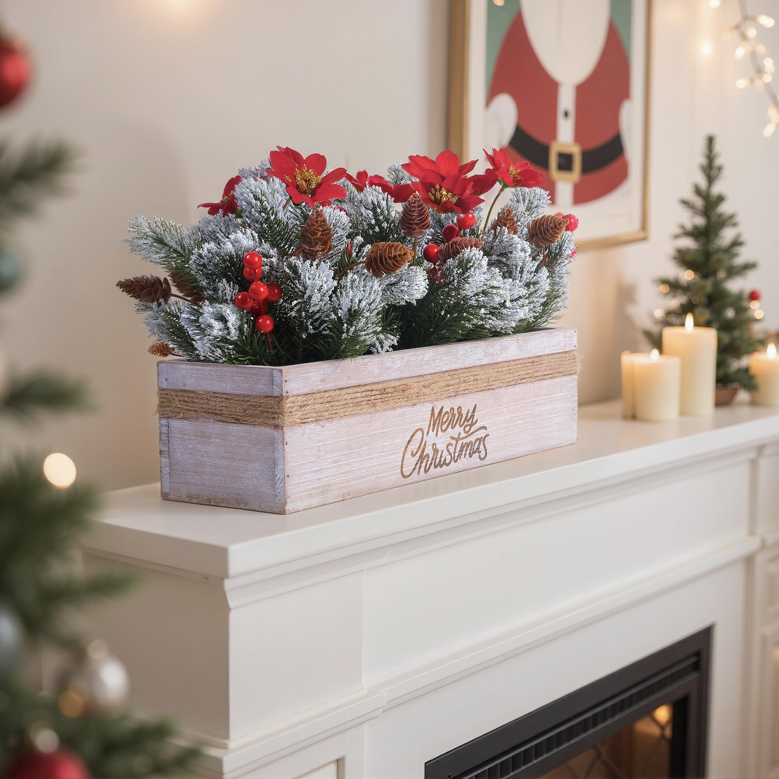 Christmas Table Centerpiece Decorations with Red Poinsettias, Snowy Norfolk P…