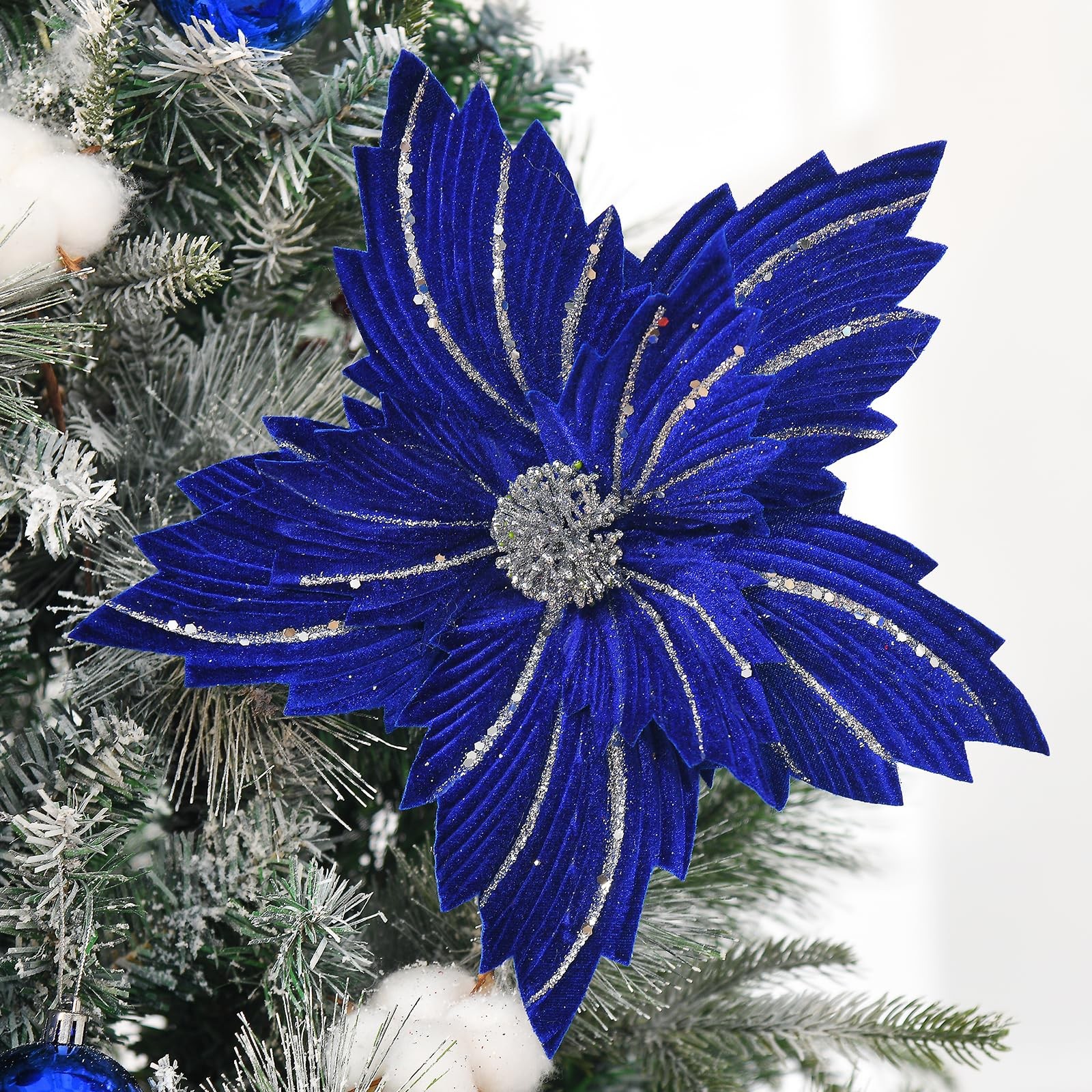 6 Pcs 12″ Large Glitter Poinsettia Artificial Christmas Flowers with Stems Xmas