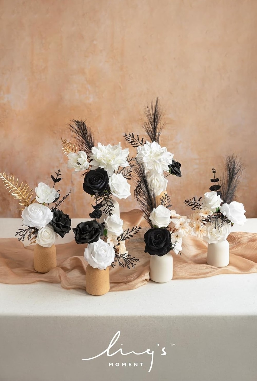 Ling’s Moment Fake Flowers Box, Stems Roses Hydrangea Eucalyptus, Black & Gold