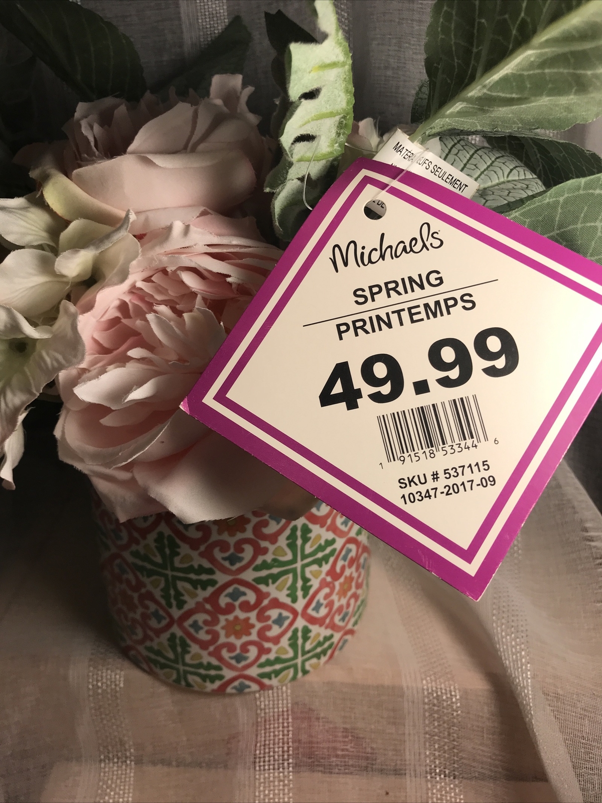 Faux Flower Centerpiece Ceramic Vase NWT Pink Cream Green Beautiful Floral Decor