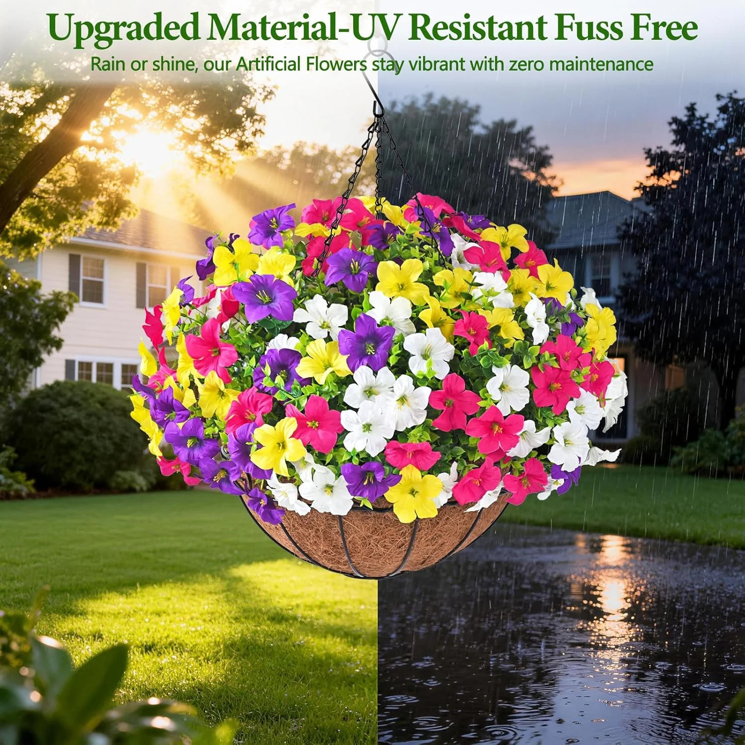 Realistic Artificial Hanging Flowers for Outdoors with Basket, 1 Set Large Size