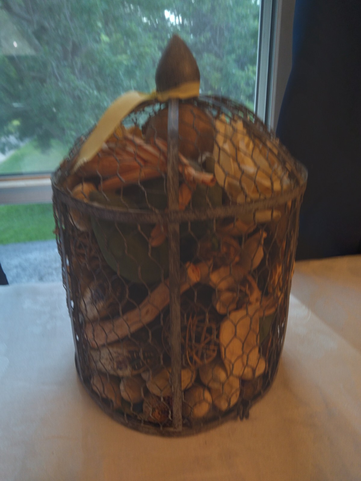 Bird Cage Filled With Gourds, Nuts, Pinecones, Dried Fruit, Twin Balls, Flowers