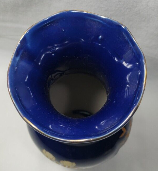 Hand-painted Dark Blue With Gold Floral Porcelain Vase 8″H