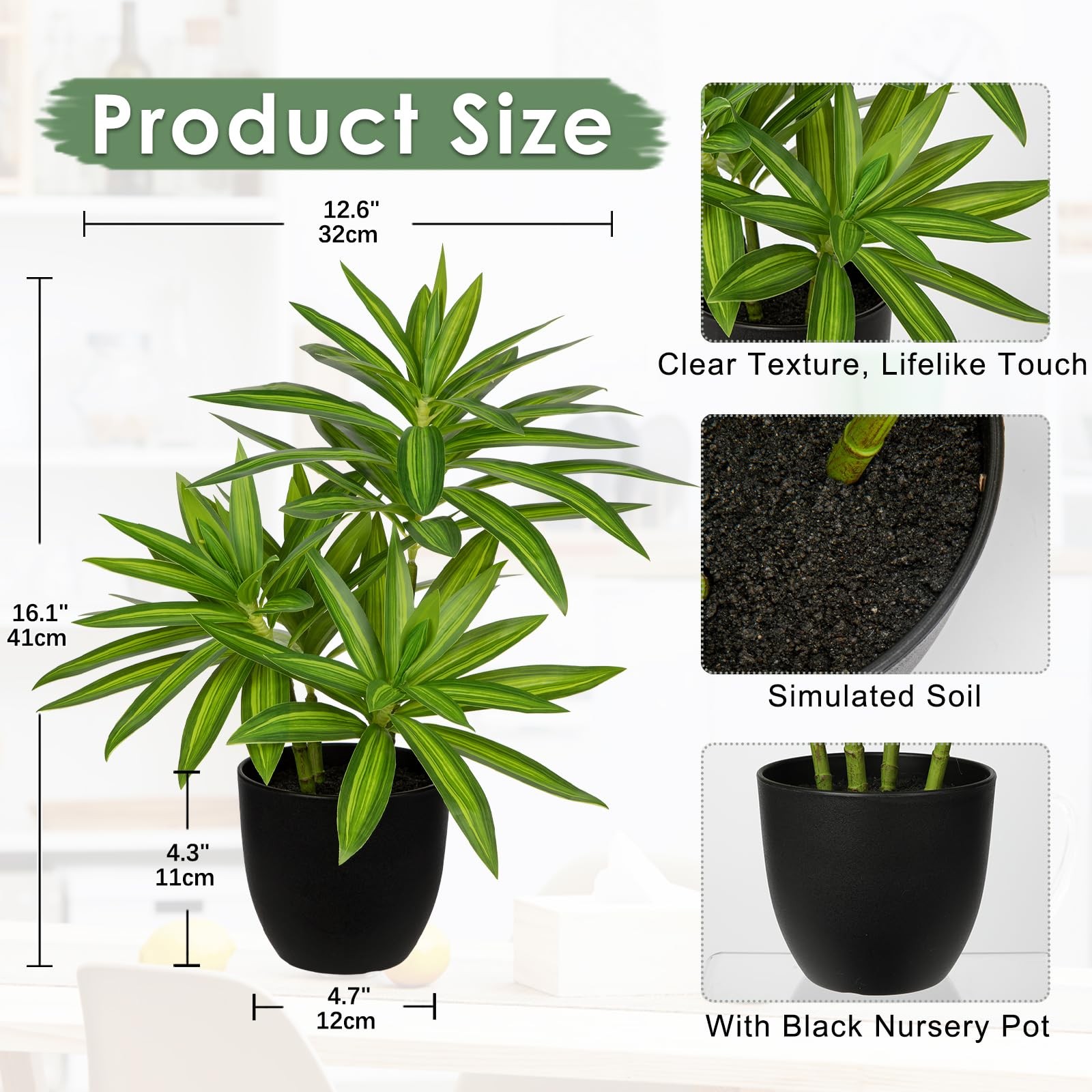 Faux Plants Dracaena Artificial Plant Realistic Green 16.1″ Fake Plants in Po…