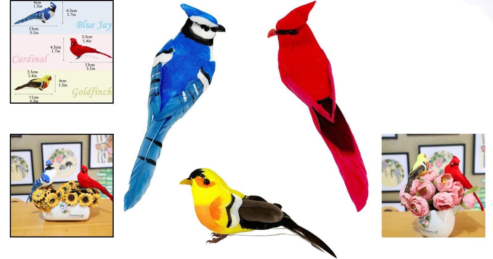 3pcs Realistic Artificial Birds – Cardinal, Blue Jay & Goldfinch for Decor